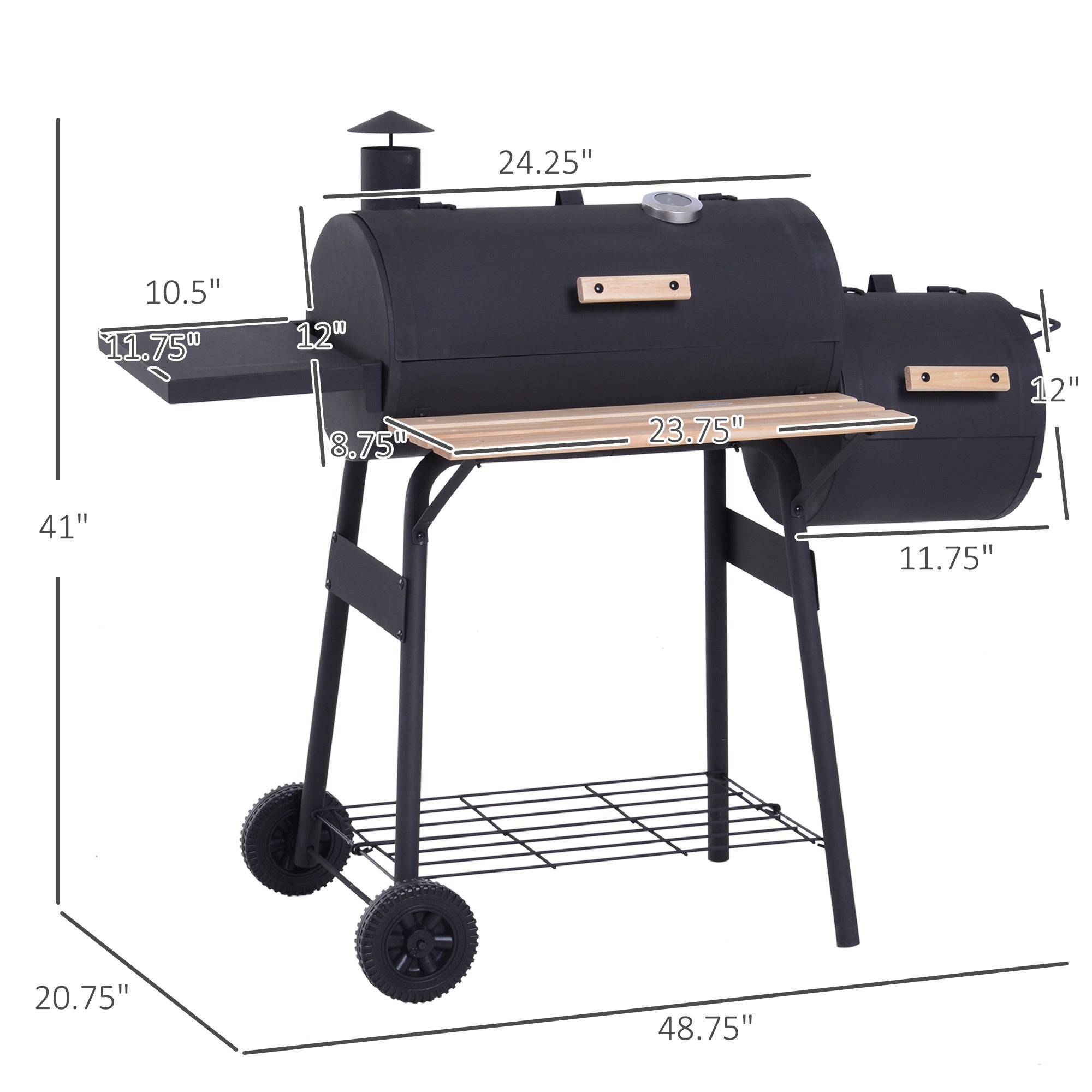 Outsunny 48' Steel Portable Backyard Charcoal BBQ Grill and Offset Smoker Combo with Wheels
