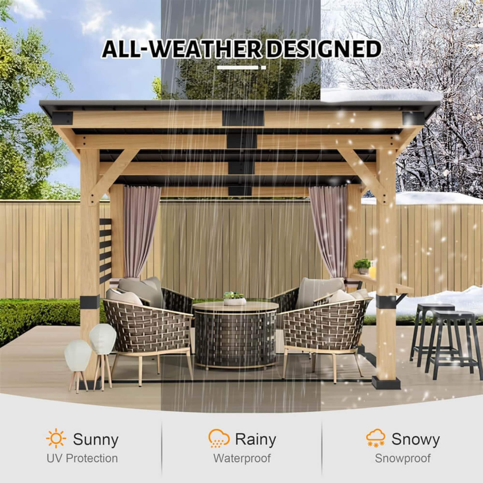 [10X12FT] Alora Heavy-Duty Premium Outdoor All-Season Wooden Cedar Hardtop Gazebo With Metal Roof & Back Curtains (SAK57184)