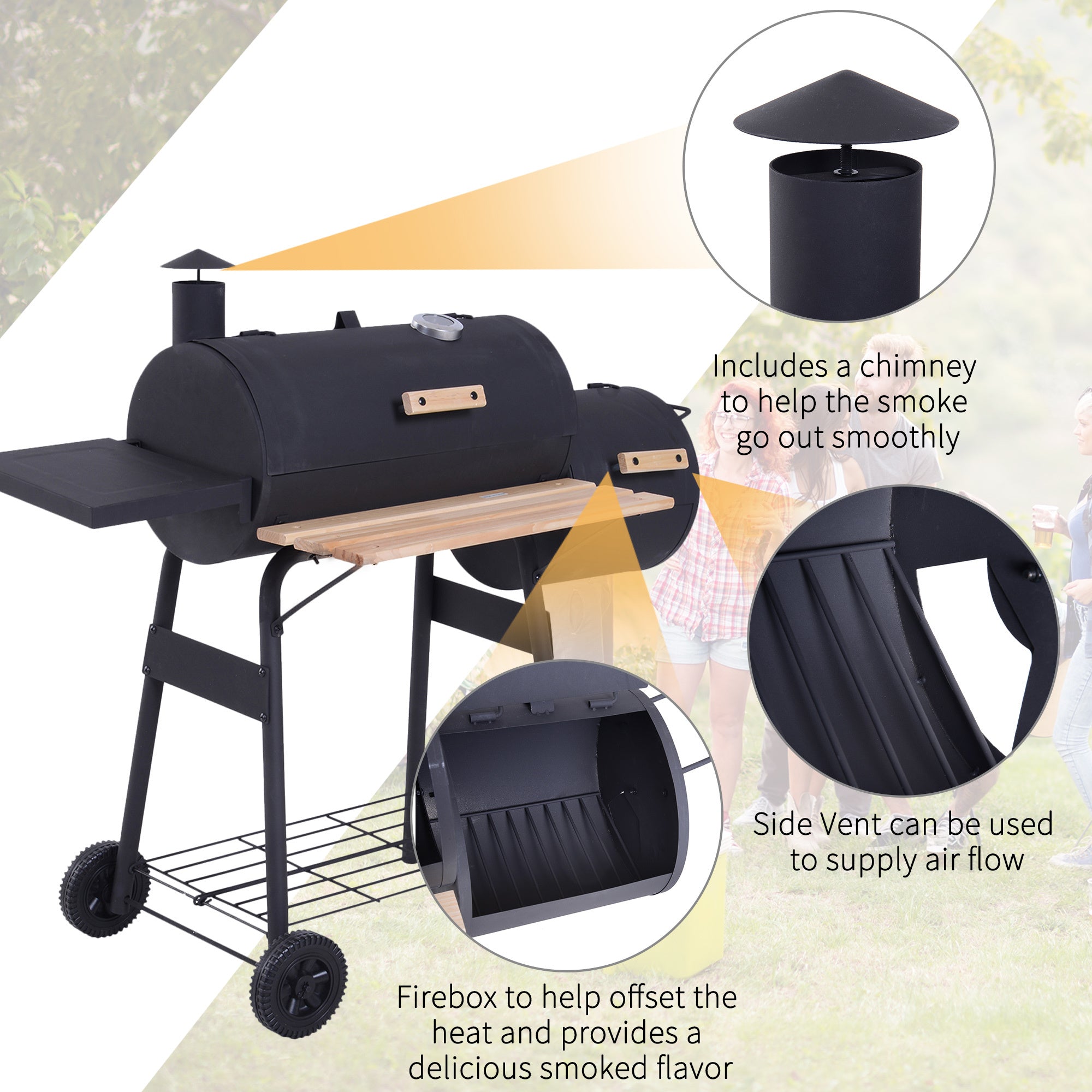 Outsunny 48' Steel Portable Backyard Charcoal BBQ Grill and Offset Smoker Combo with Wheels