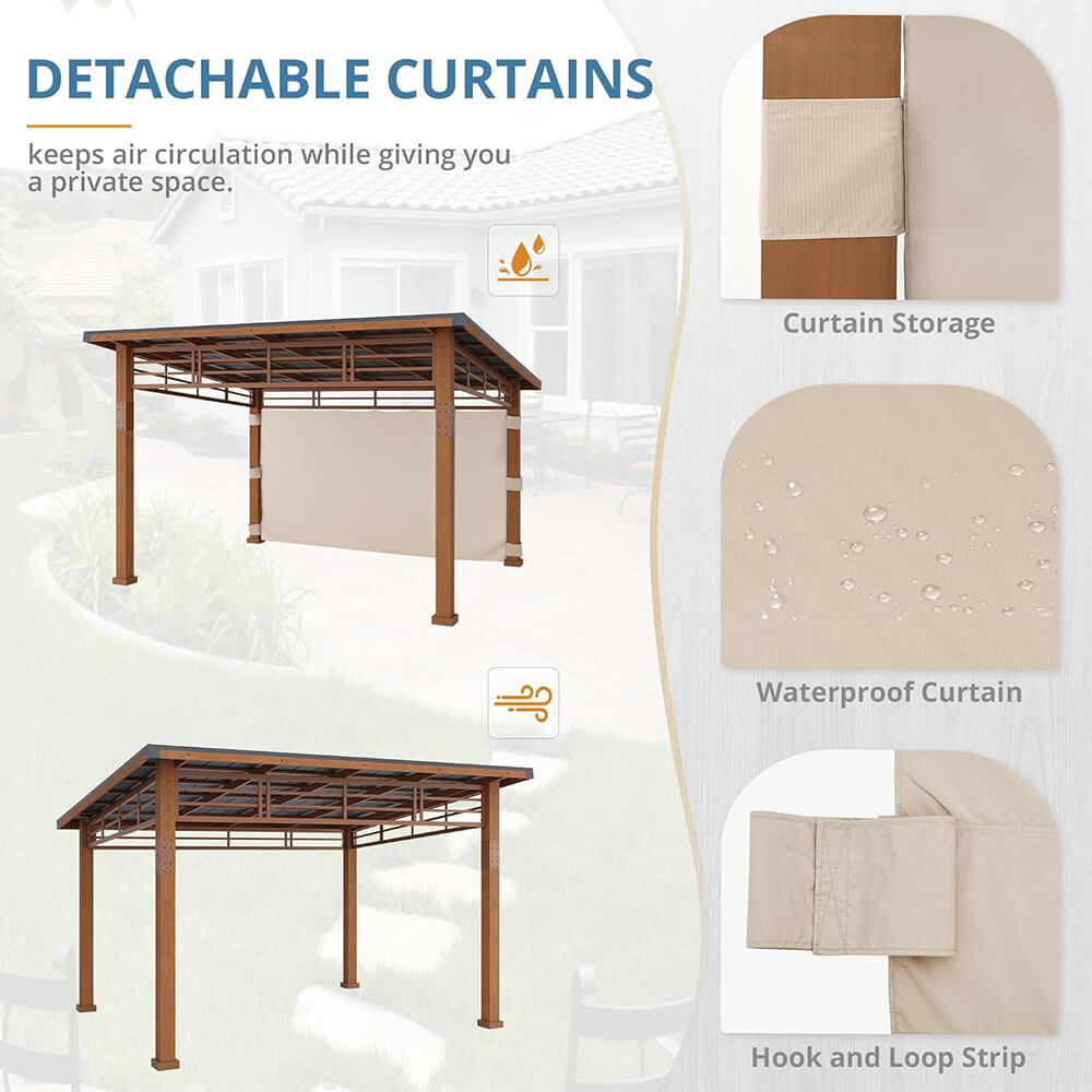 [12X14] Alora Heavy-Duty Outdoor Hardtop Wood Frame Gazebo Canopy With Metal Roof & Curtains (SAK43625)