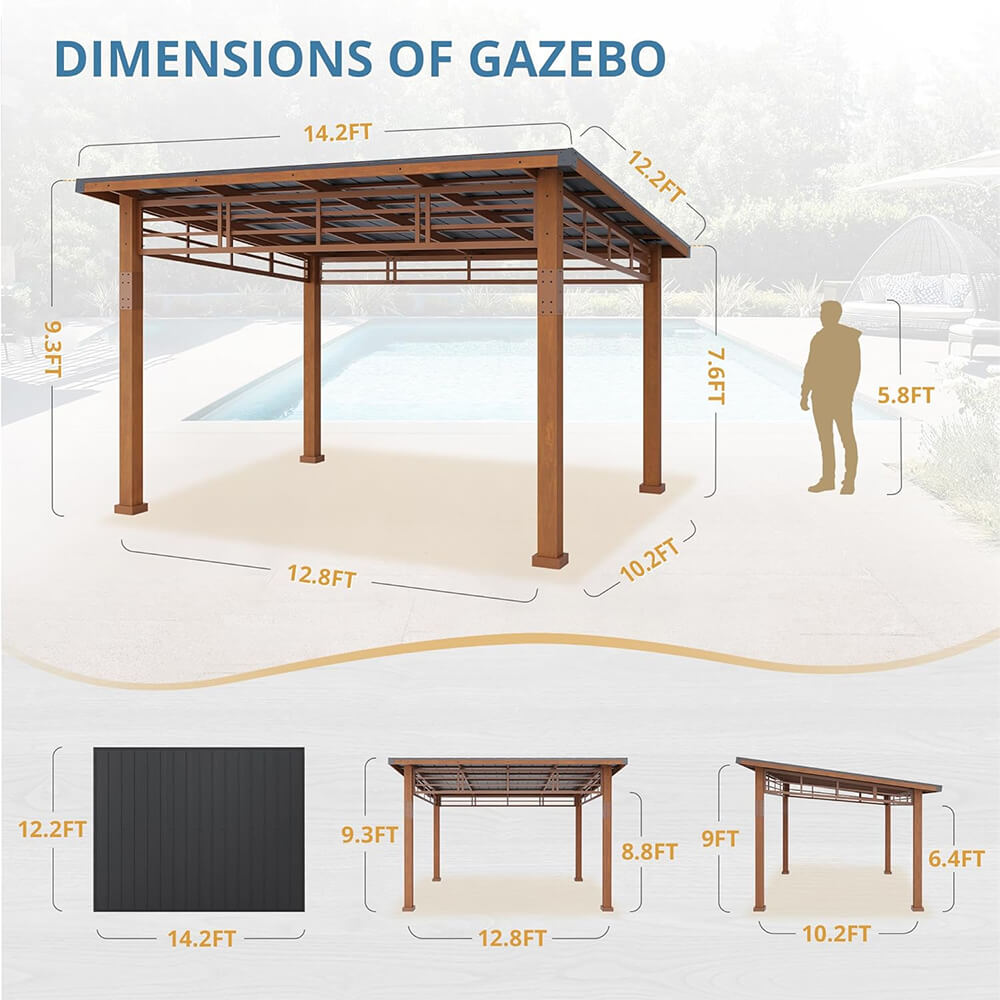 [12X14] Alora Heavy-Duty Outdoor Hardtop Wood Frame Gazebo Canopy With Metal Roof & Curtains (SAK43625)