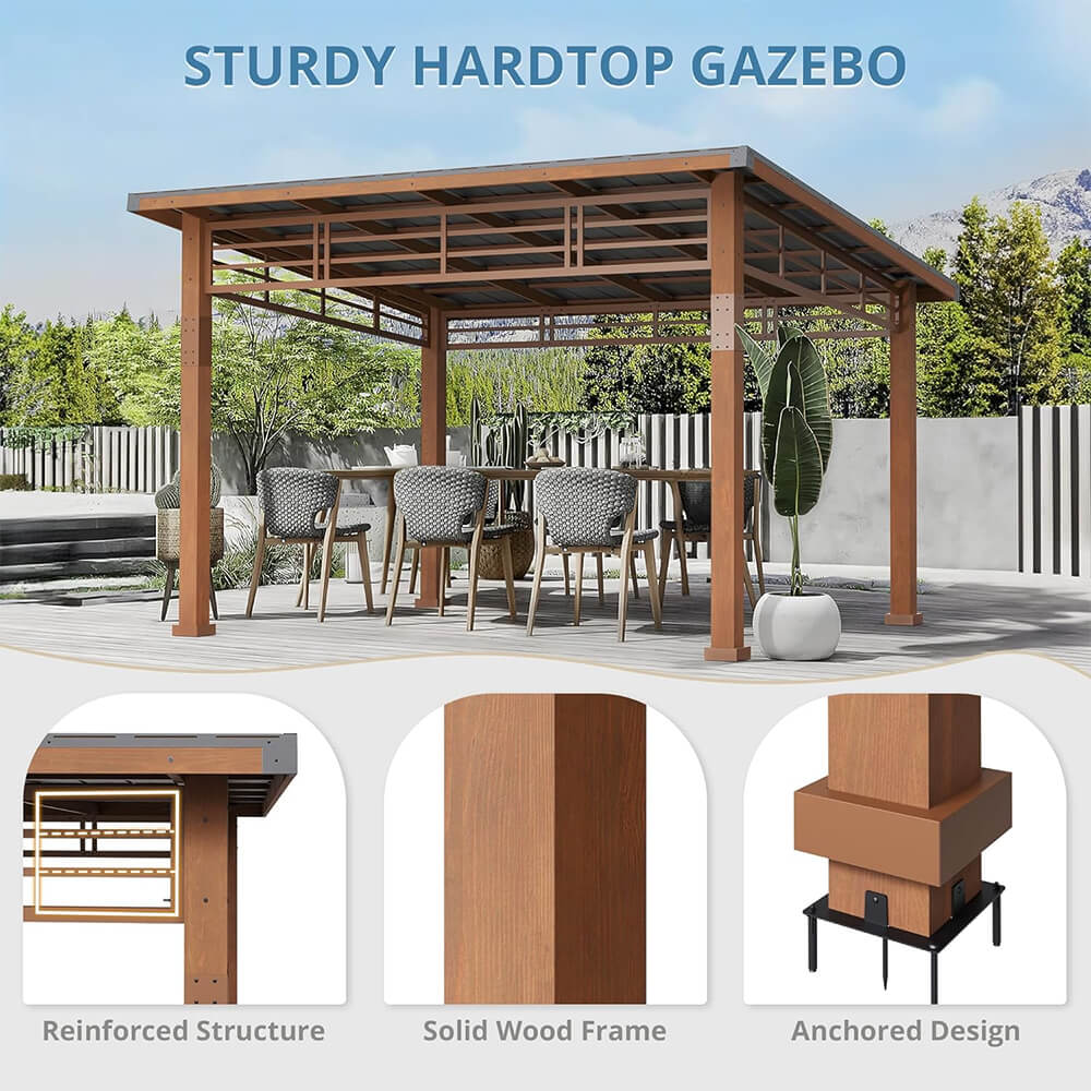 [12X14] Alora Heavy-Duty Outdoor Hardtop Wood Frame Gazebo Canopy With Metal Roof & Curtains (SAK43625)