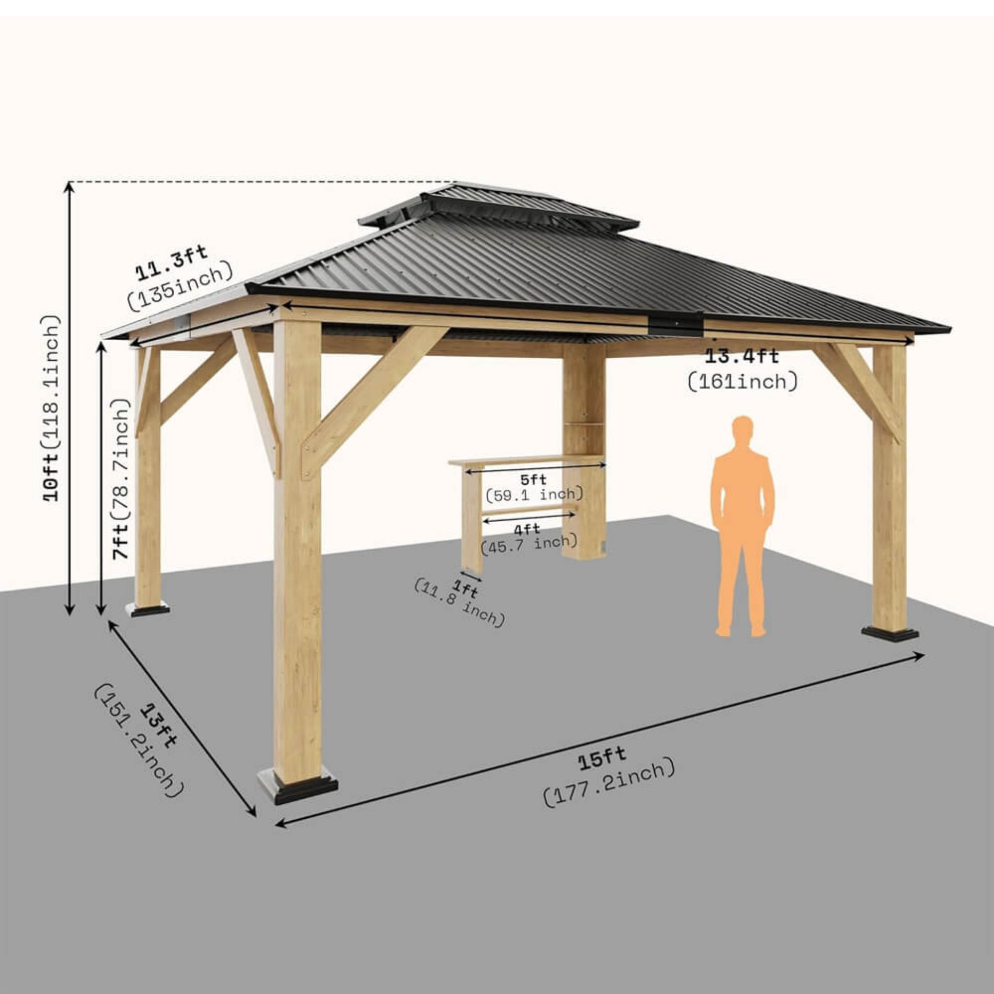 [13X15FT] Alora Premium Outdoor All-Season Wooden Cedar Hardtop Gazebo Carport With Double Iron Roof (SAK35187)