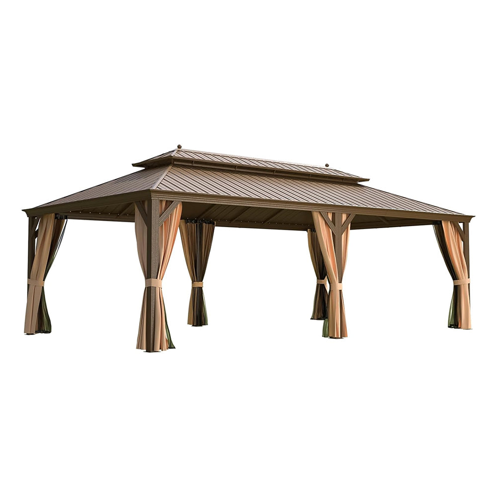 [14X24FT] Alora Heavy-Duty Aluminum Galvanized Steel Double Roof Hardtop Gazebo With Netting And Curtains (SAK41853)