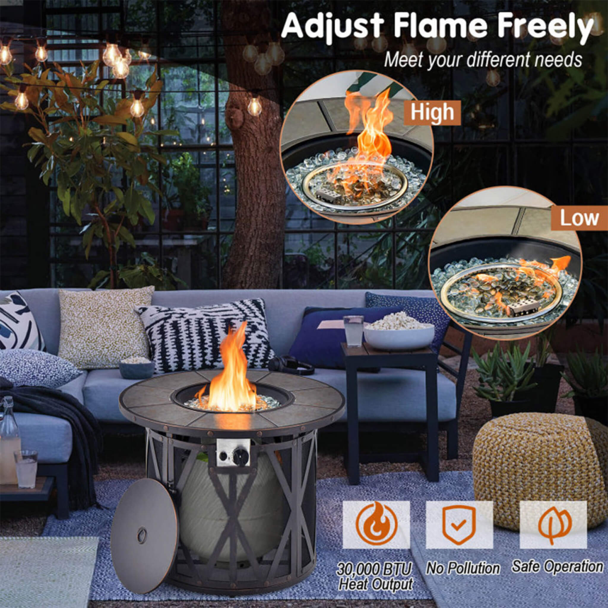 Alora 30K BTU Premium Outdoor Patio Gas Fire Pit Table With Fire Glass And Cover, 32" (SAK17432)