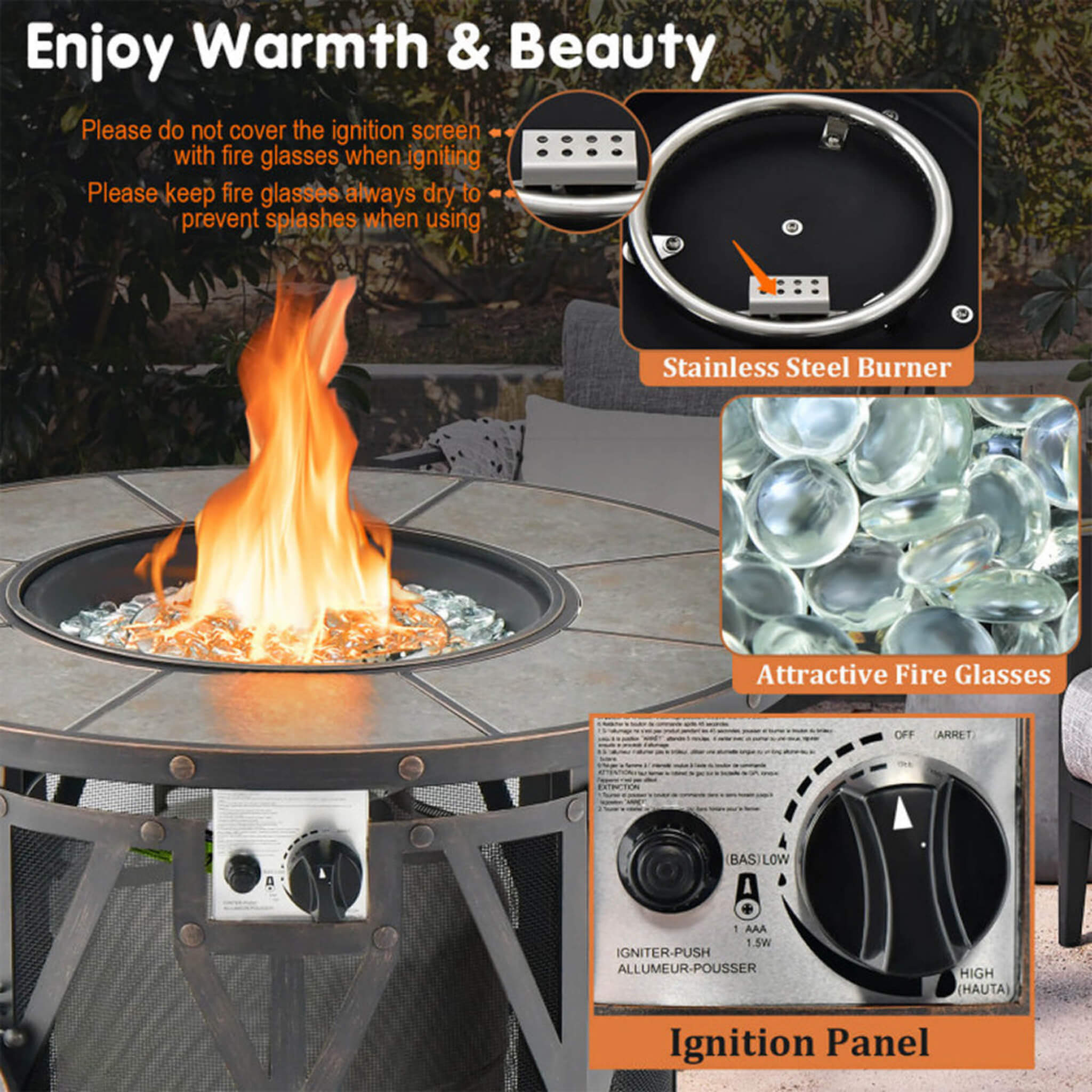 Alora 30K BTU Premium Outdoor Patio Gas Fire Pit Table With Fire Glass And Cover, 32" (SAK17432)