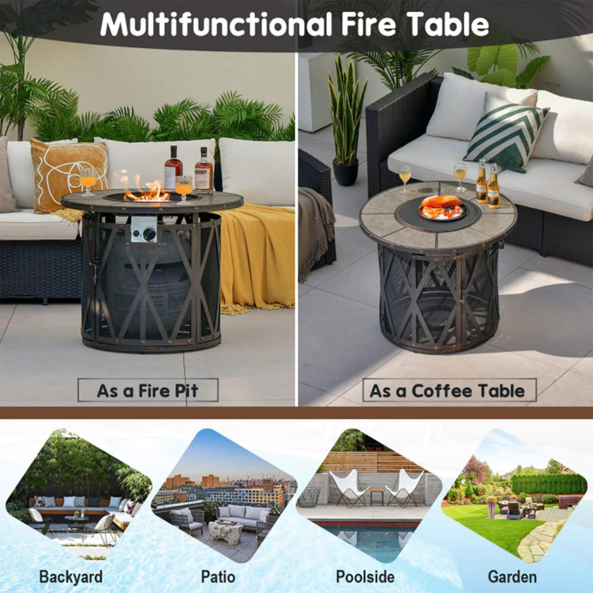 Alora 30K BTU Premium Outdoor Patio Gas Fire Pit Table With Fire Glass And Cover, 32" (SAK17432)