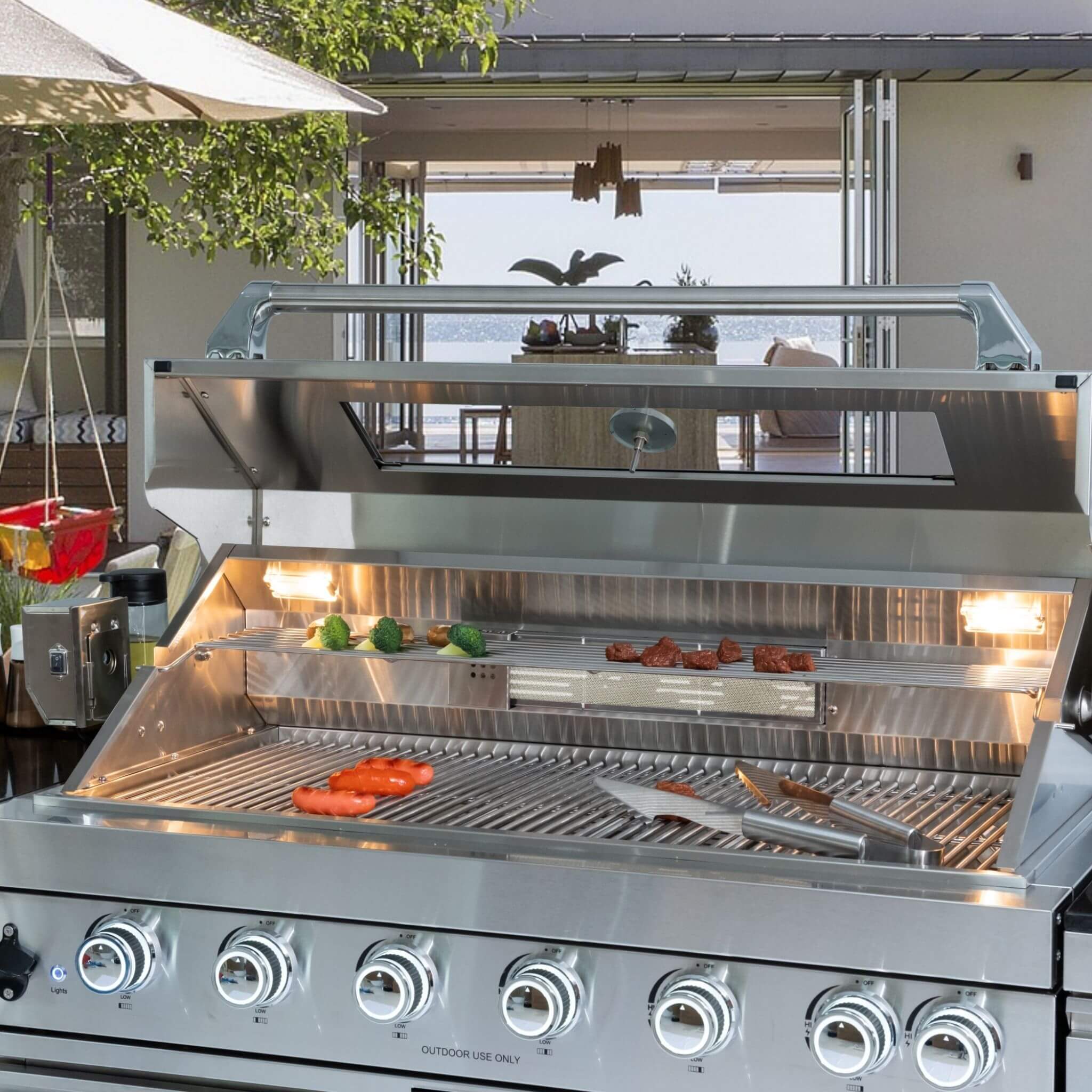 Castelle Flame 44-Inch 6-Burner 85K BTU Stainless Steel Outdoor BBQ Kitchen Island Grill With Wine Cooler, Rotisserie Kit, And Storage Cabinets (SAK97105)