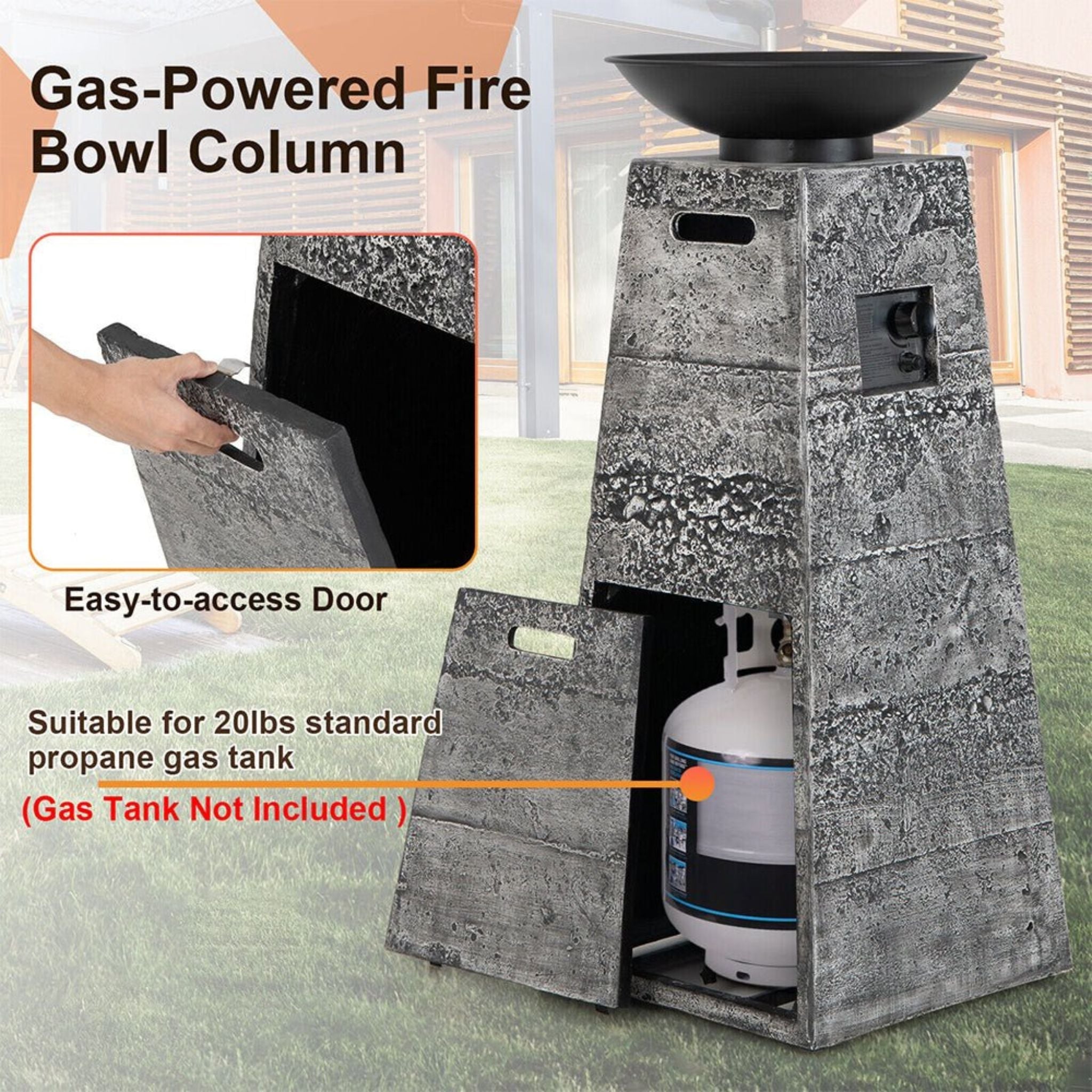 48-Inch Large Outdoor Propane Fire Bowl Column With Cover & Lava Rocks (SAK70938)