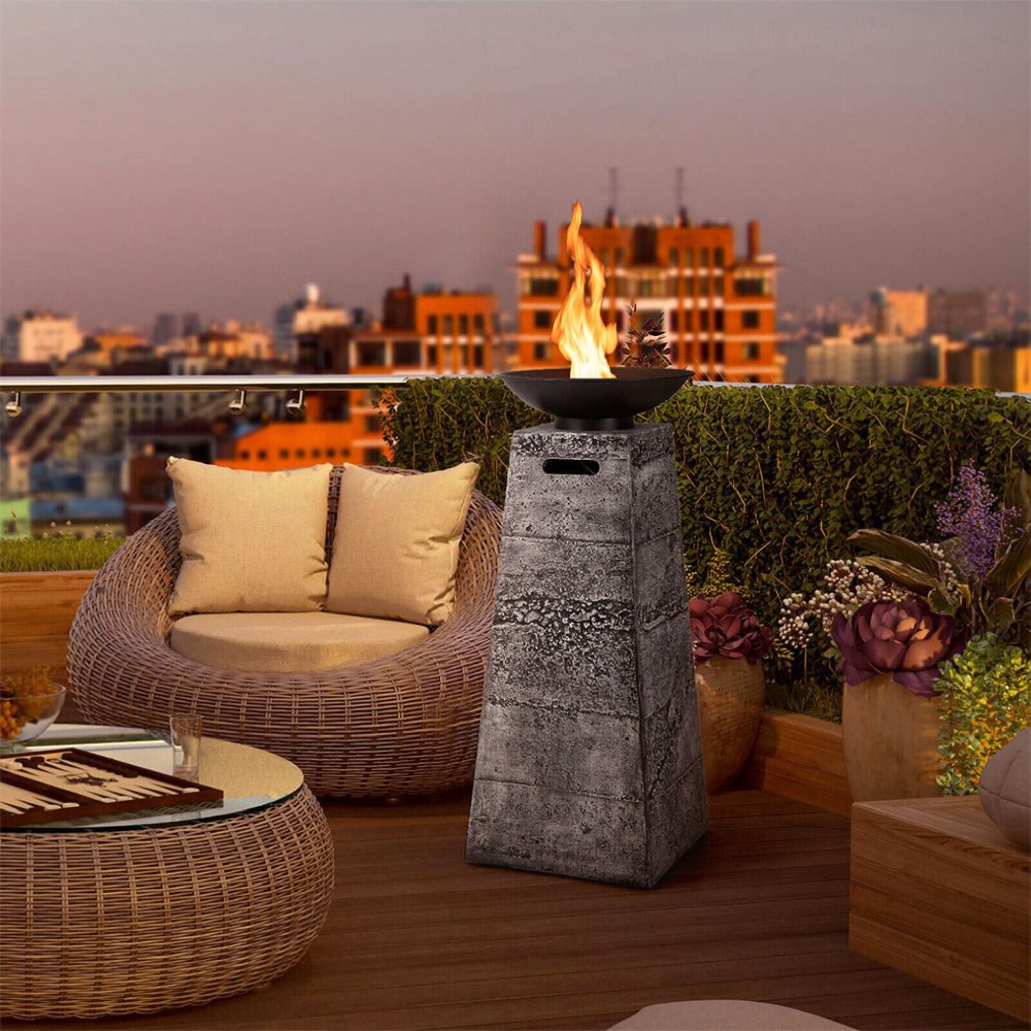 48-Inch Large Outdoor Propane Fire Bowl Column With Cover & Lava Rocks (SAK70938)