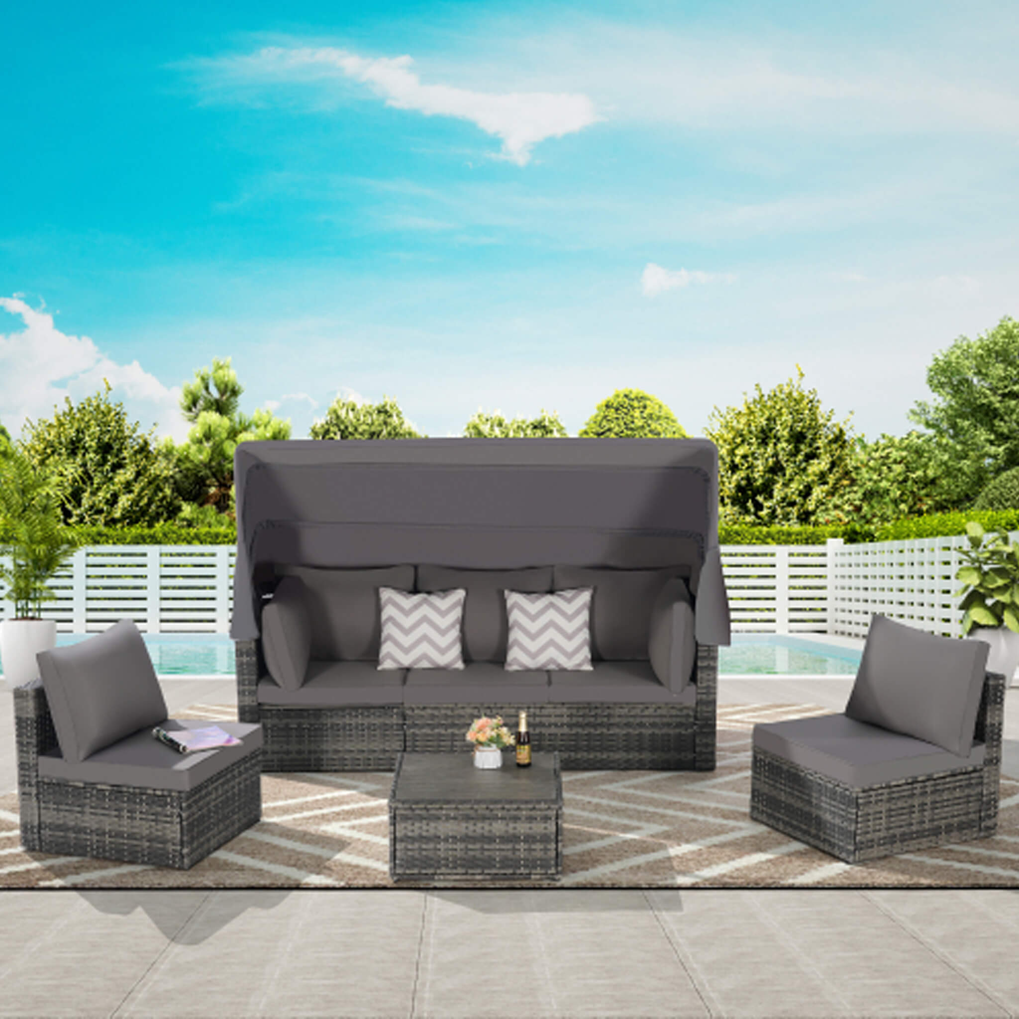 Alora 5-Piece Outdoor Patio Wicker Daybed Furniture Set With Retractable Canopy (SAK37816)