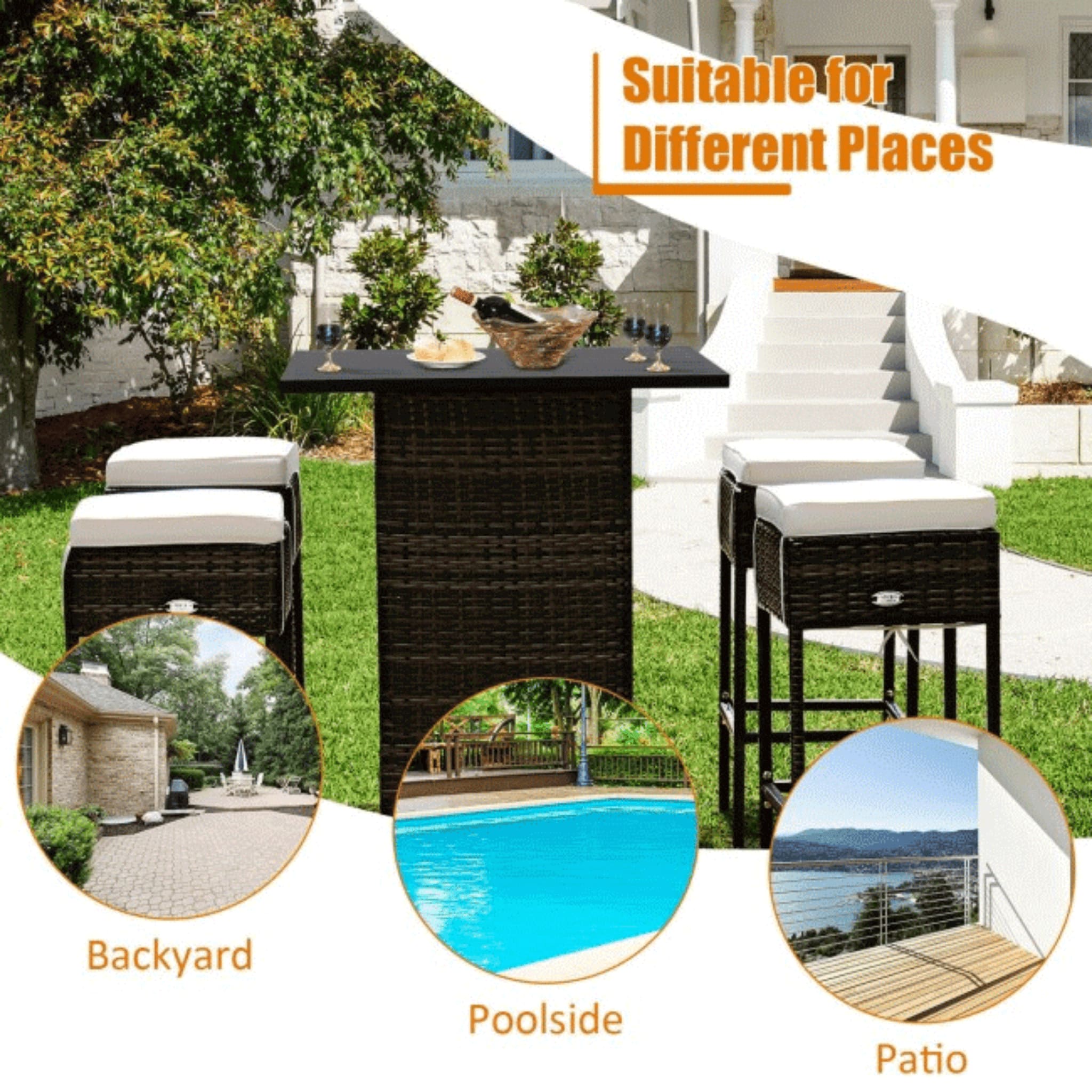 5 PCS Patio Rattan Bar Table Stool Set With Hidden Storage Shelf & Cushions (SAK14645)