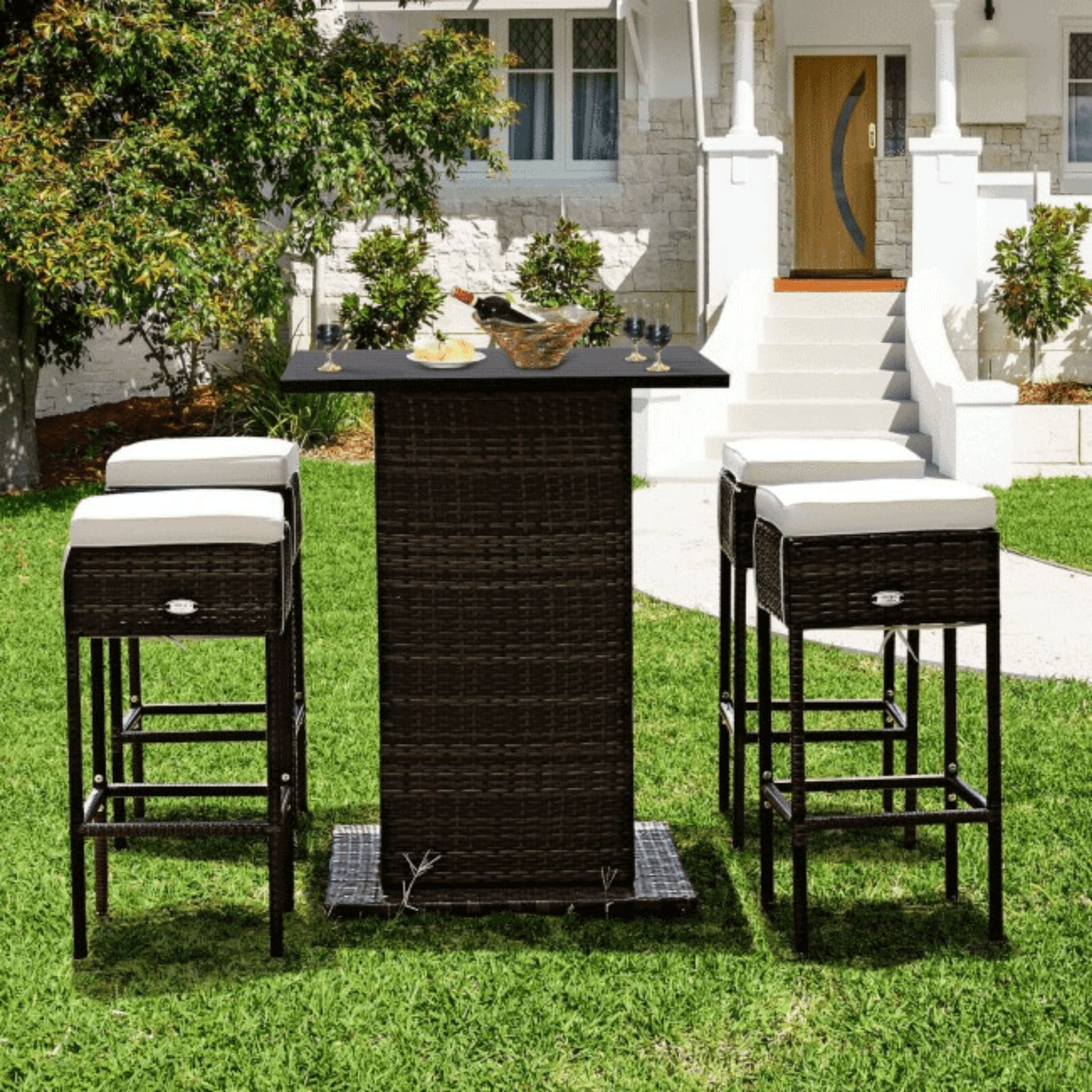 5 PCS Patio Rattan Bar Table Stool Set With Hidden Storage Shelf & Cushions (SAK14645)