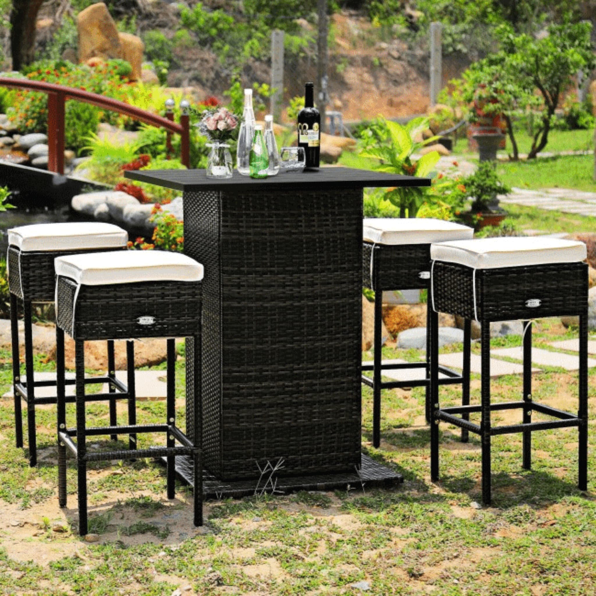 5 PCS Patio Rattan Bar Table Stool Set With Hidden Storage Shelf & Cushions (SAK14645)