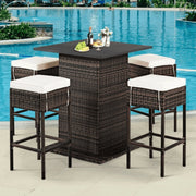 5 PCS Patio Rattan Bar Table Stool Set With Hidden Storage Shelf & Cushions (SAK14645)