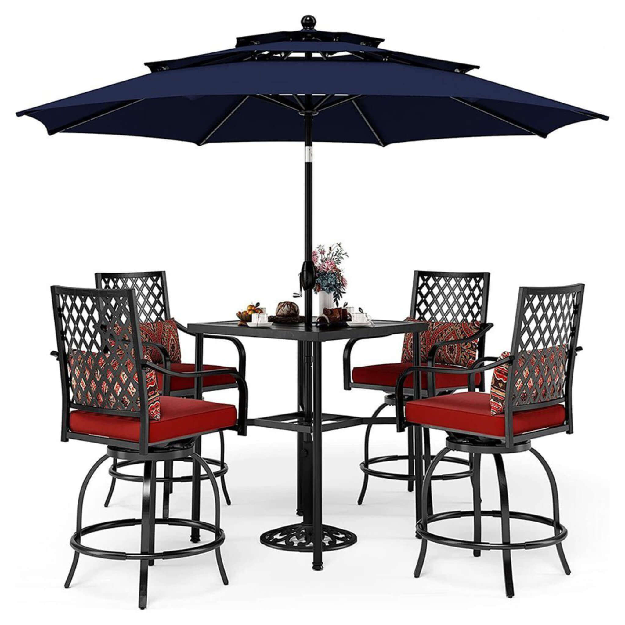 Alora 6-Piece Outdoor Patio Bar Set Dining Table With Umbrella & Swivel Bar Stools (SAK53218)