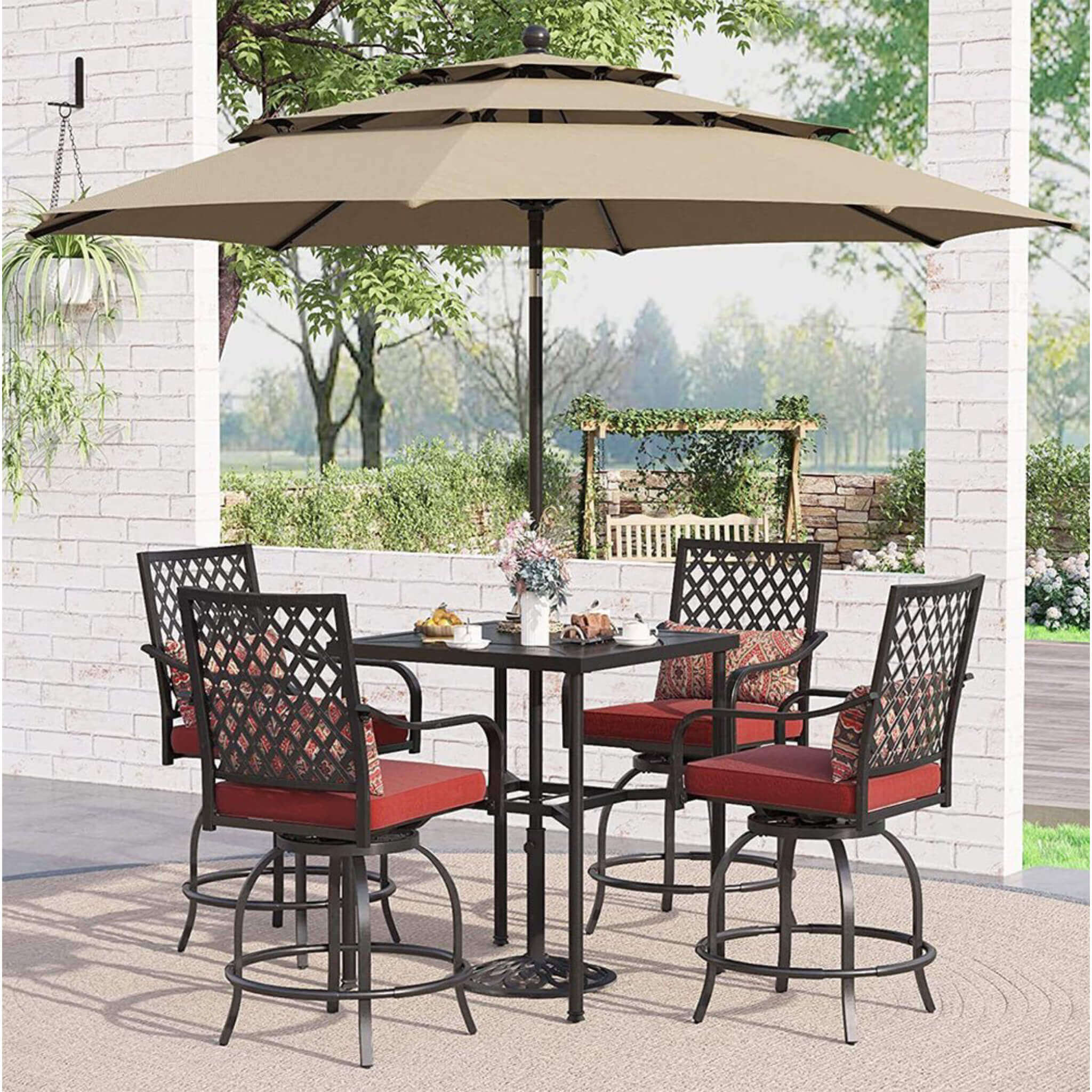Alora 6-Piece Outdoor Patio Bar Set Dining Table With Umbrella & Swivel Bar Stools (SAK53218)