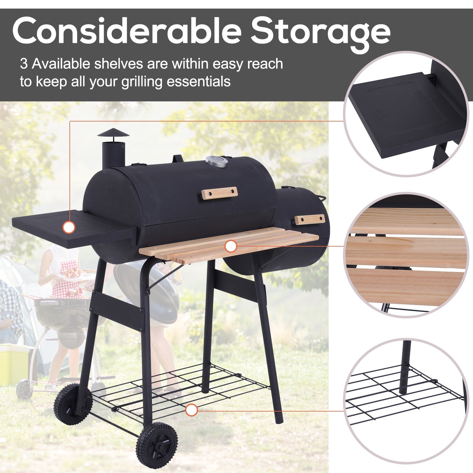 Outsunny 48' Steel Portable Backyard Charcoal BBQ Grill and Offset Smoker Combo with Wheels