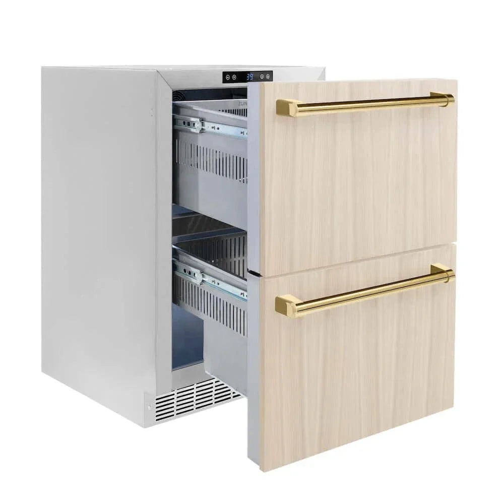 ZLINE 24" Touchstone 168 Can Outdoor-Rated Dual Refrigerator Drawer, Panel Ready Gold, RDSPOZ-24-G