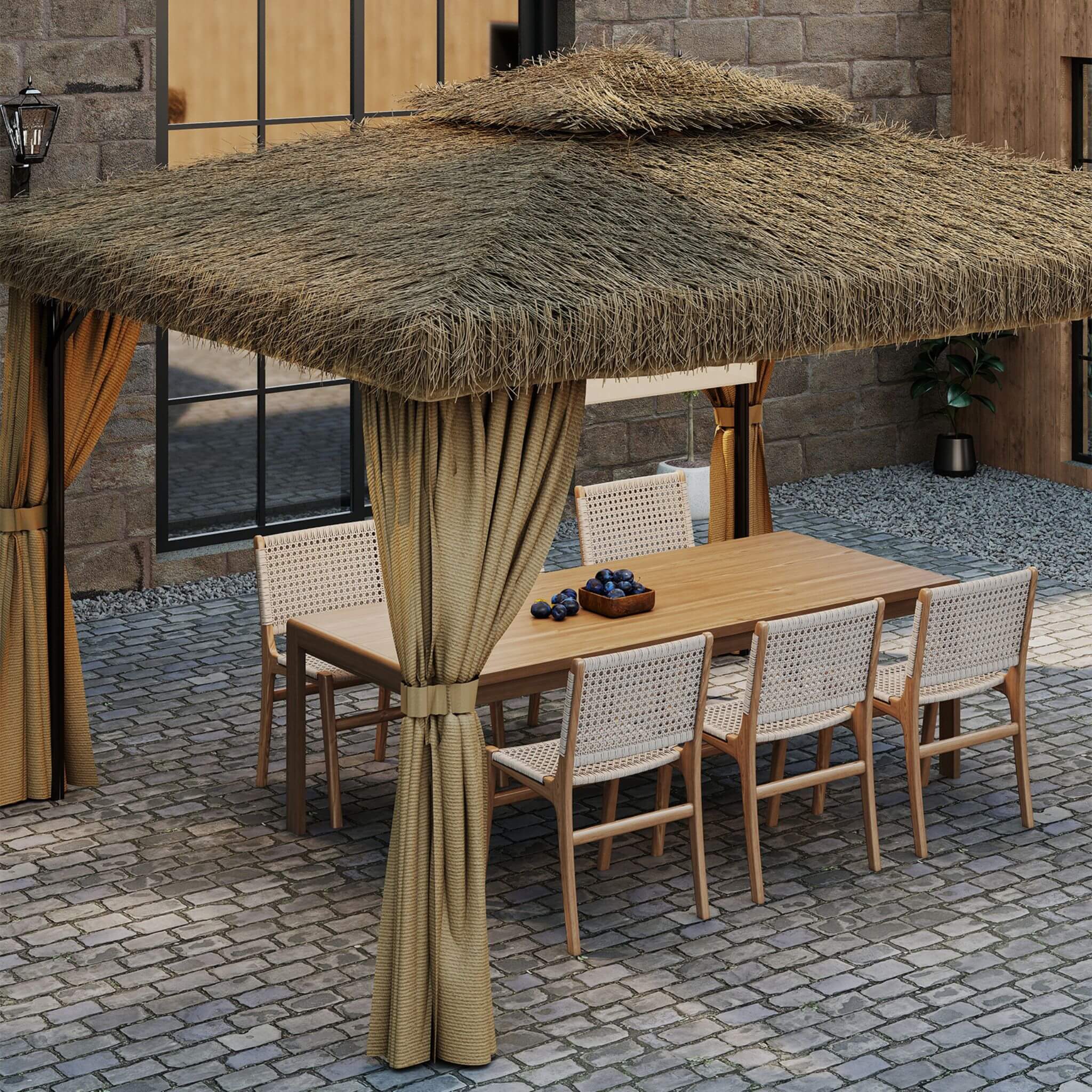 Alora Outdoor Double Canopy Aluminum Patio Gazebo With Hawaiian Thatch Roof (SAK39068)