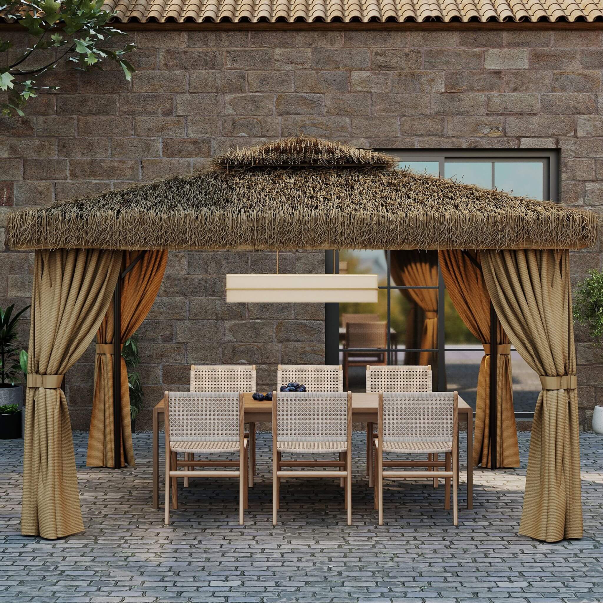 Alora Outdoor Double Canopy Aluminum Patio Gazebo With Hawaiian Thatch Roof (SAK39068)