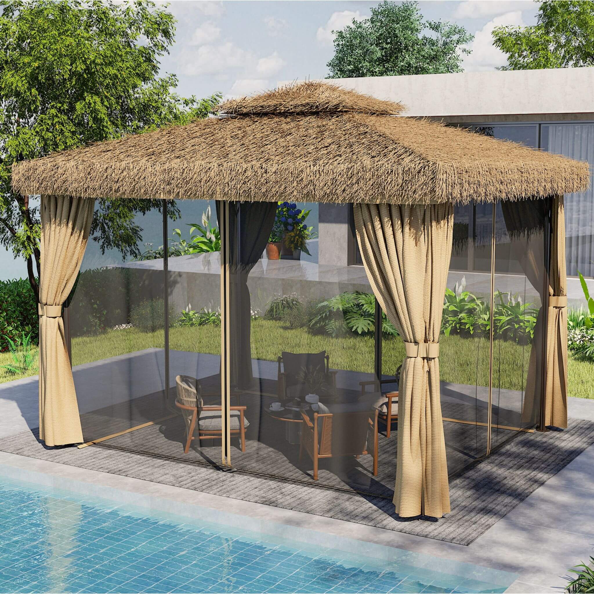 Alora Outdoor Double Canopy Aluminum Patio Gazebo With Hawaiian Thatch Roof (SAK39068)