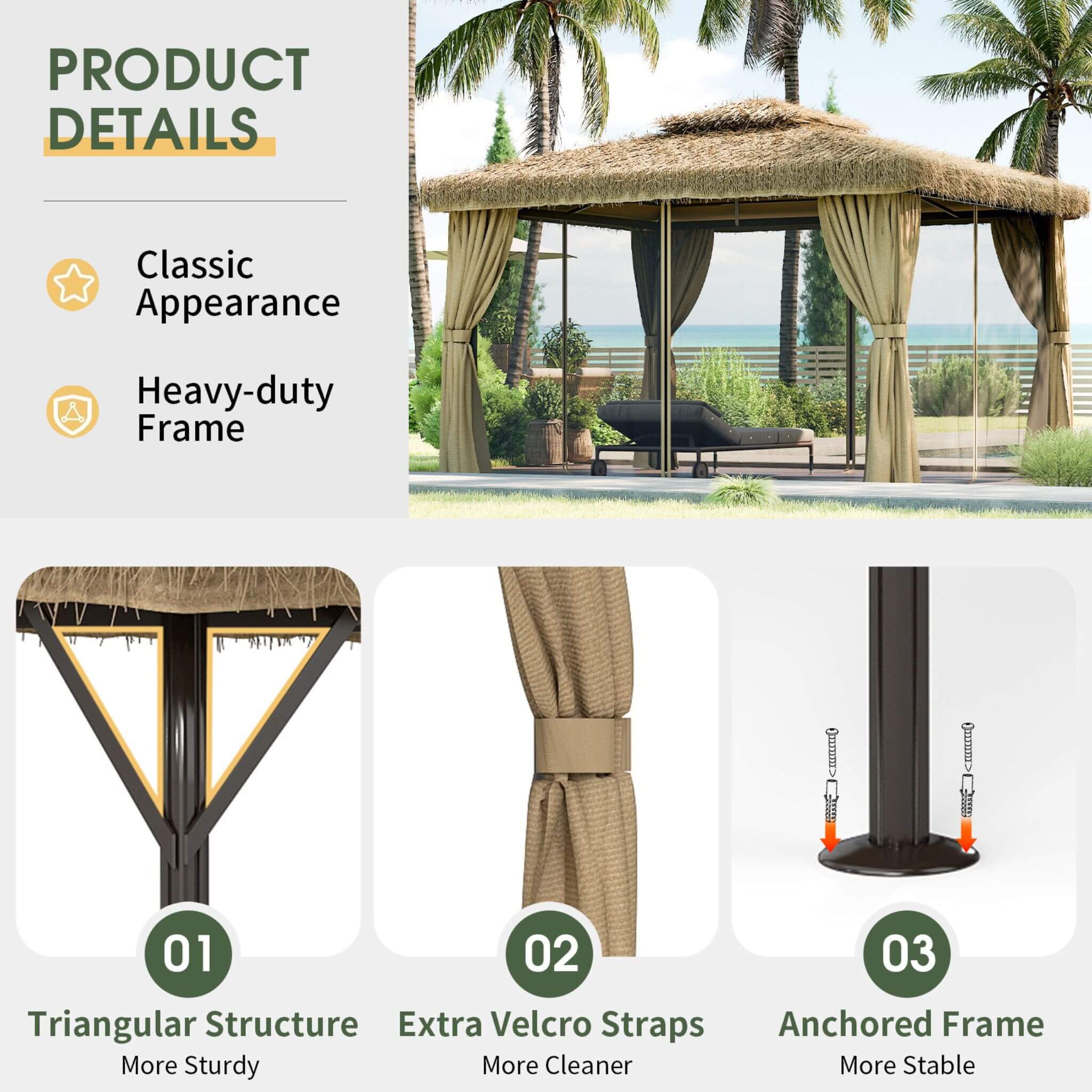 Alora Outdoor Double Canopy Aluminum Patio Gazebo With Hawaiian Thatch Roof (SAK39068)
