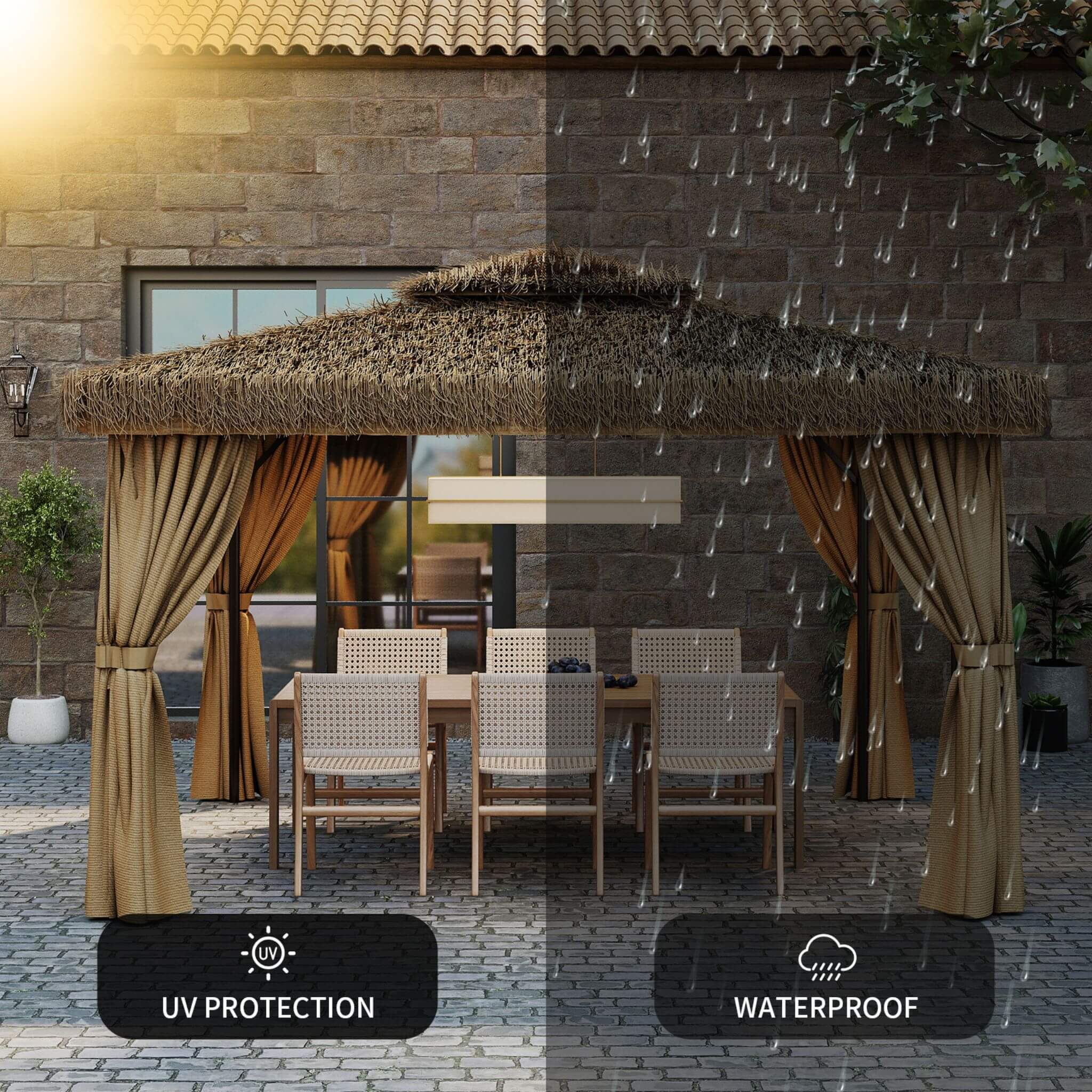 Alora Outdoor Double Canopy Aluminum Patio Gazebo With Hawaiian Thatch Roof (SAK39068)