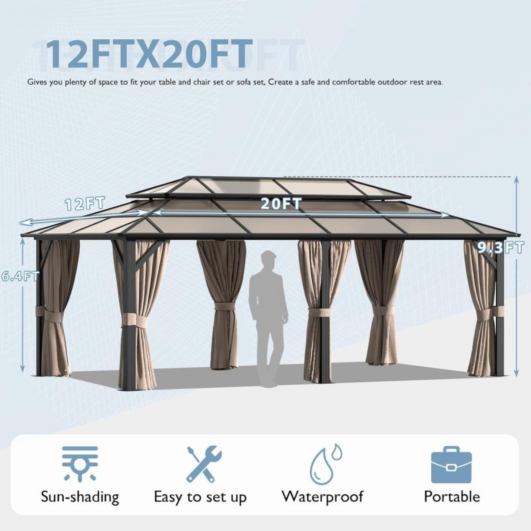 [12X20FT] Alora Premium Aluminum Outdoor Polycarbonate Hardtop Gazebo With UV Protection, Netting & Curtains (96815273)