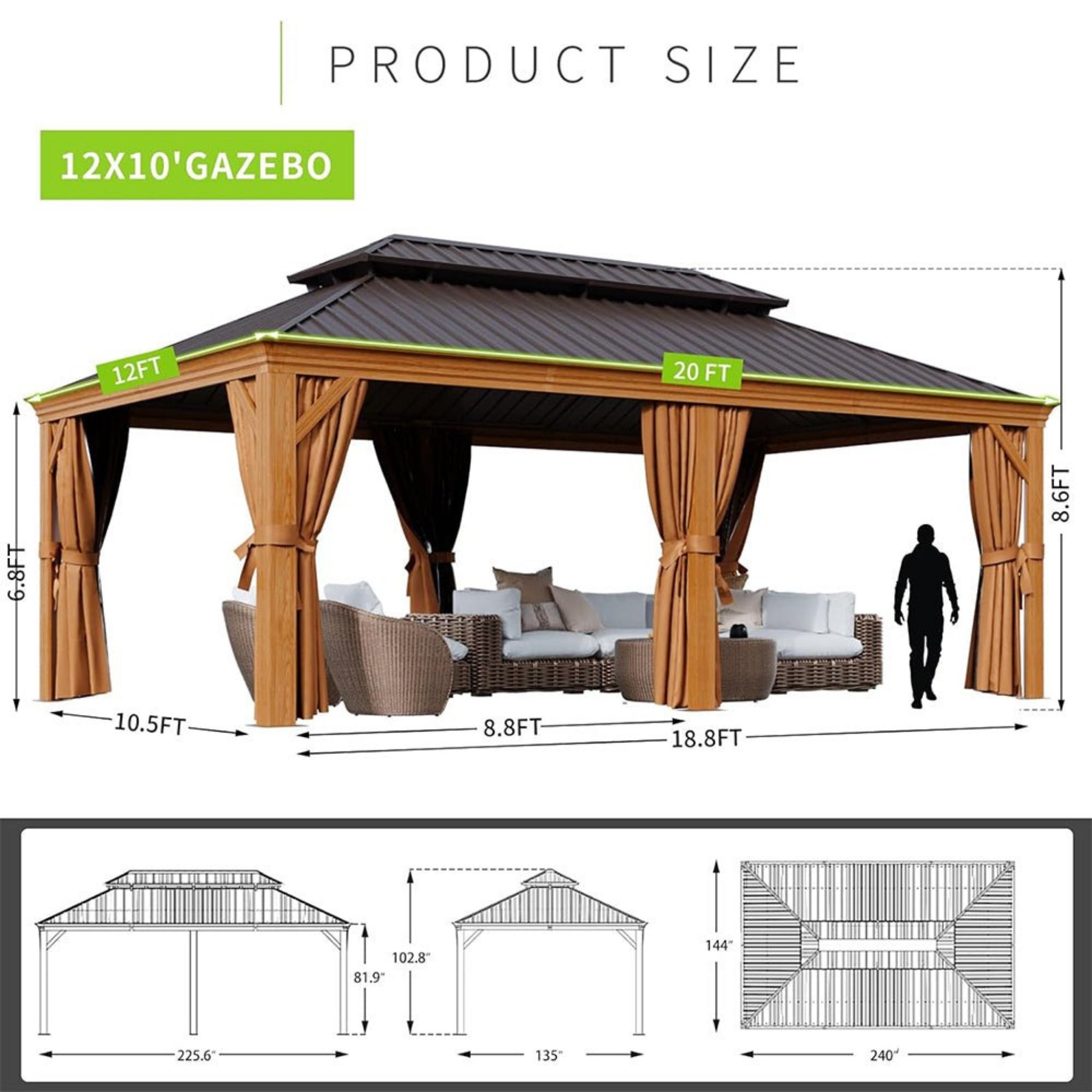 [12X20FT] Alora Premium Large Aluminum Hardtop Gazebo W/ Netting, Privacy Curtains And Wood Grain Finish (SAK58374)