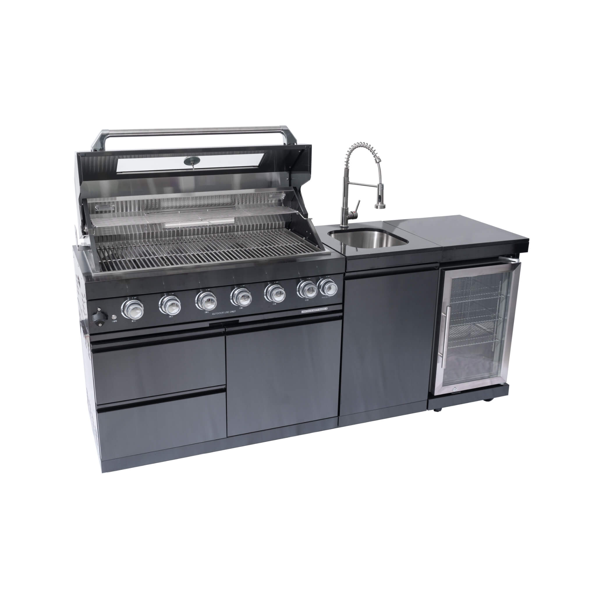 Castelle Flame 85K BTU Outdoor BBQ Kitchen Grill Island With 43-Inch 6-Burner Grill, Wine Fridge, Rotisserie Kit, And Sink (SAK23864)