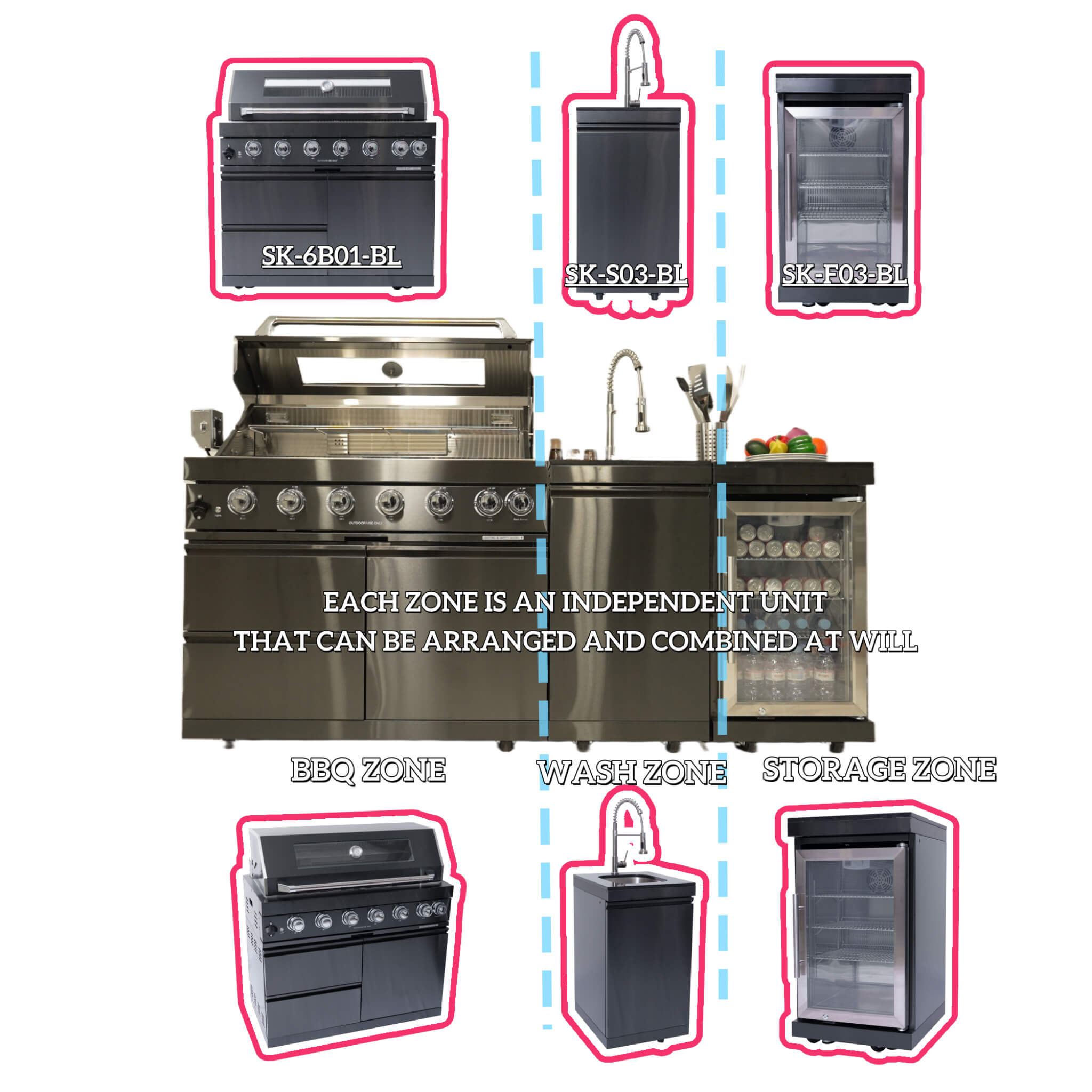 Castelle Flame 85K BTU Outdoor BBQ Kitchen Grill Island With 43-Inch 6-Burner Grill, Wine Fridge, Rotisserie Kit, And Sink (SAK23864)