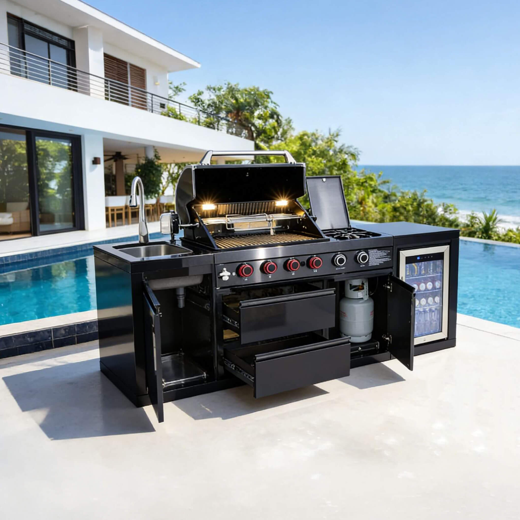 Castelle Flame Monarch 4-Burner 72000 BTU BBQ Island With Fridge And Sink (SAK68127)