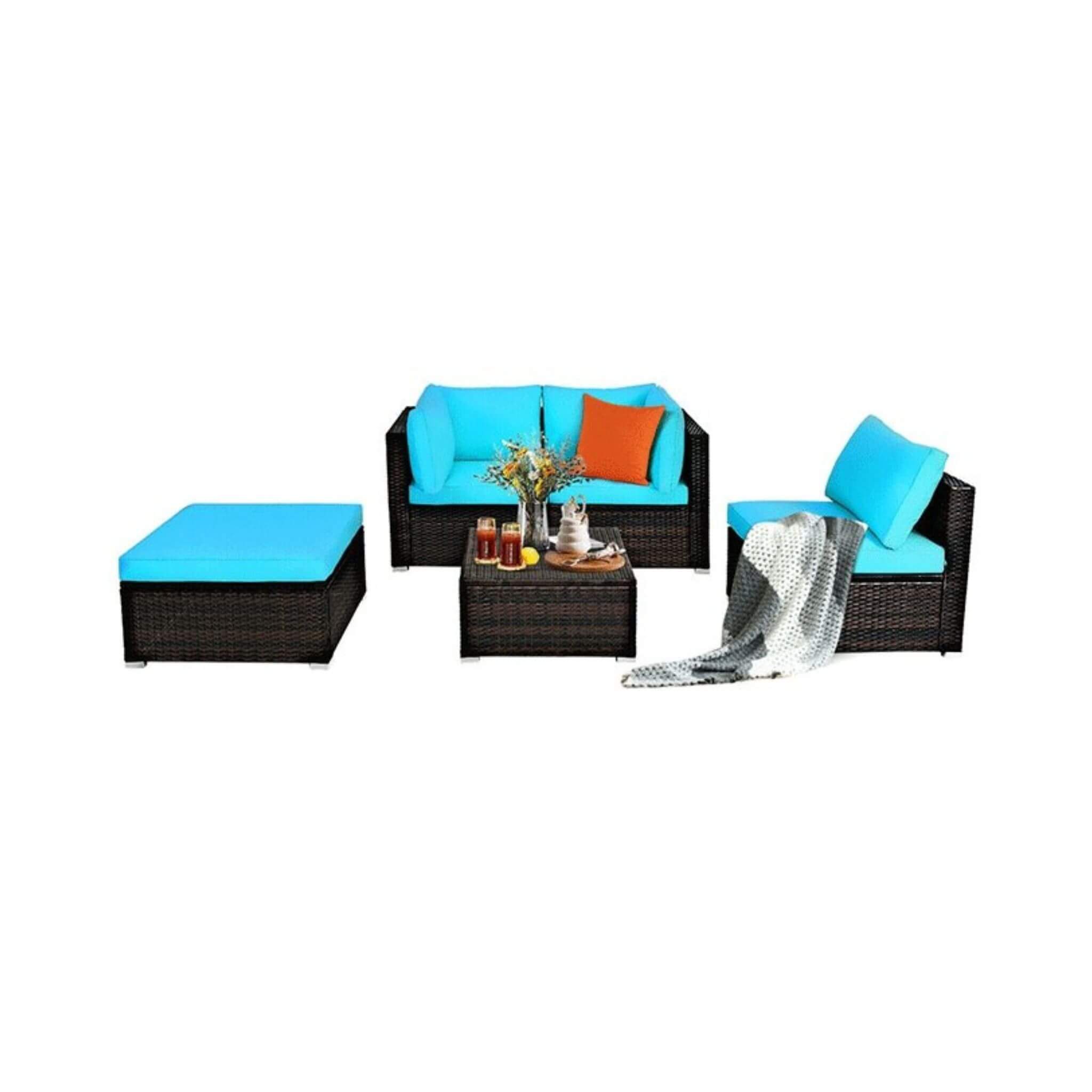 Alora Outdoor Patio Rattan Turquoise Furniture Sectional Conversation Sofa Set, 5PCS (SAK56878)