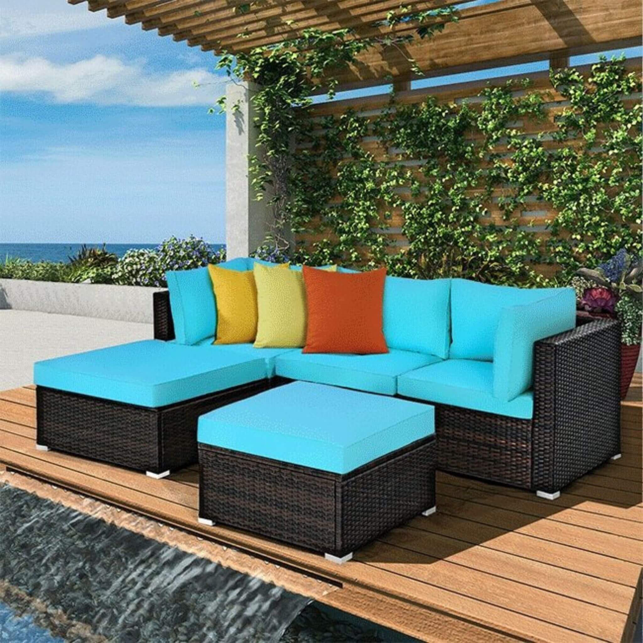 Alora Outdoor Patio Rattan Turquoise Furniture Sectional Conversation Sofa Set, 5PCS (SAK56878)