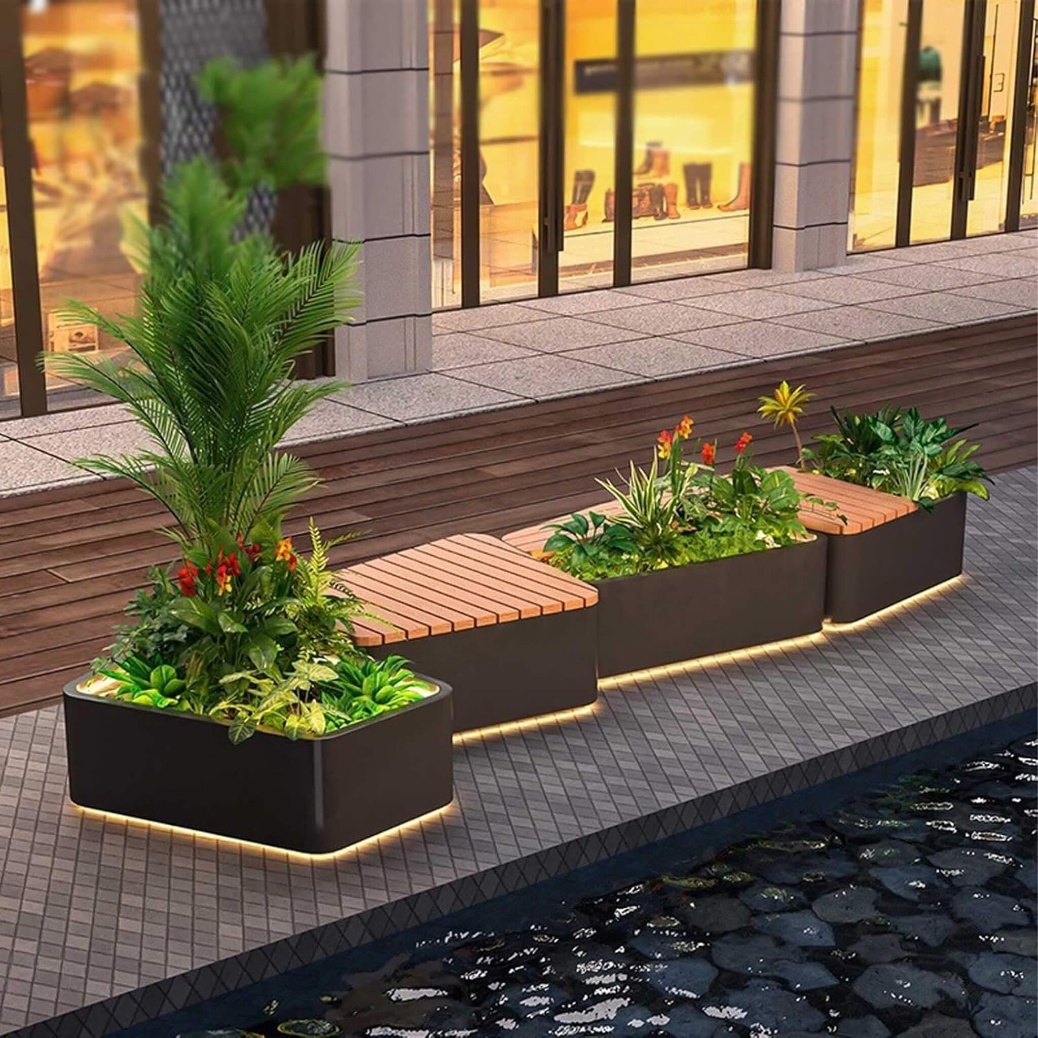 Heavy-Duty Commercial Outdoor Stainless Steel Bench With Wood Seat And Planter Box [Made To Order] (SAK41578)