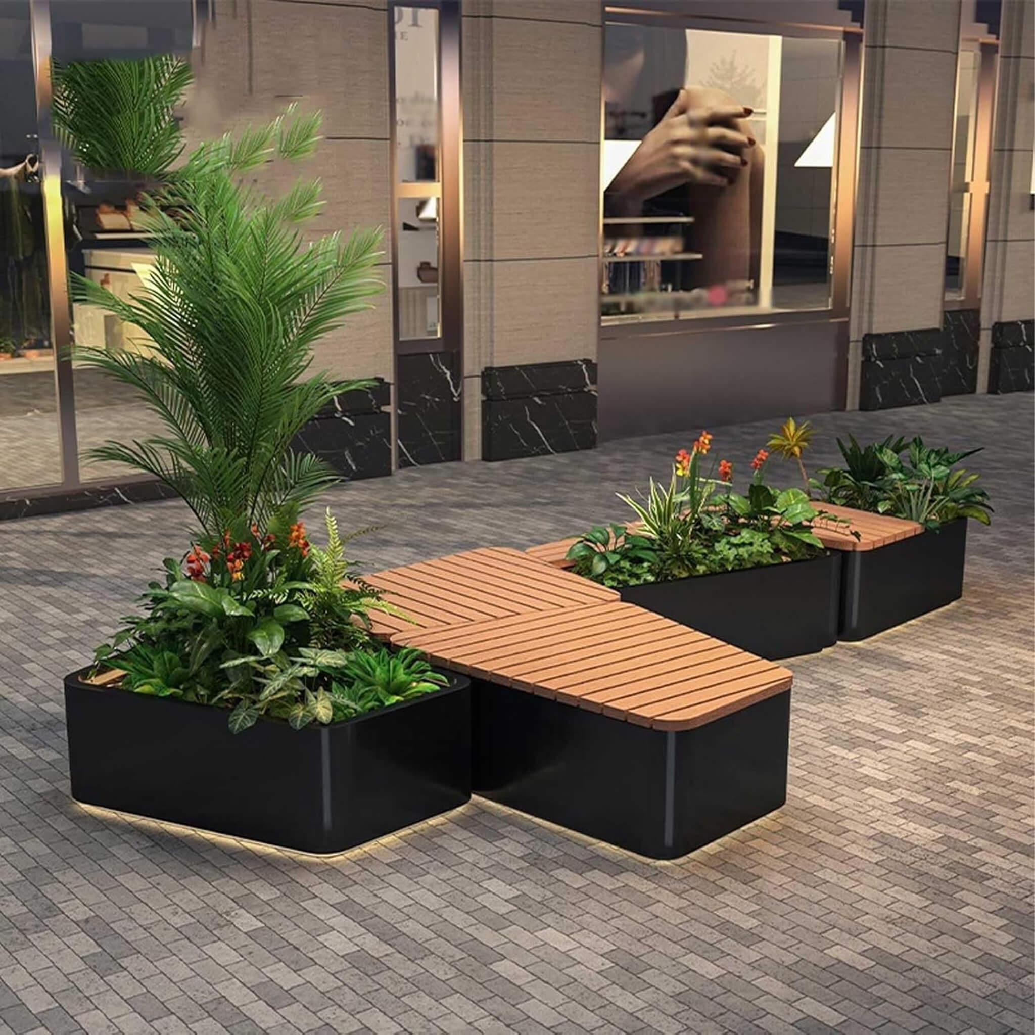 Heavy-Duty Commercial Outdoor Stainless Steel Bench With Wood Seat And Planter Box [Made To Order] (SAK41578)