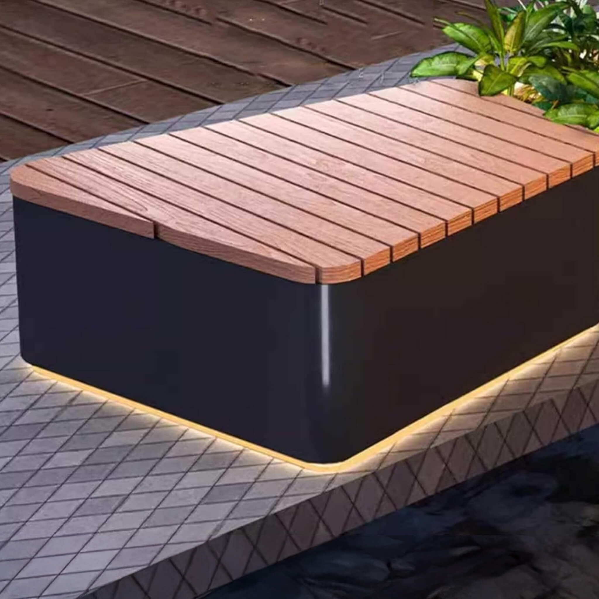 Heavy-Duty Commercial Outdoor Stainless Steel Bench With Wood Seat And Planter Box [Made To Order] (SAK41578)