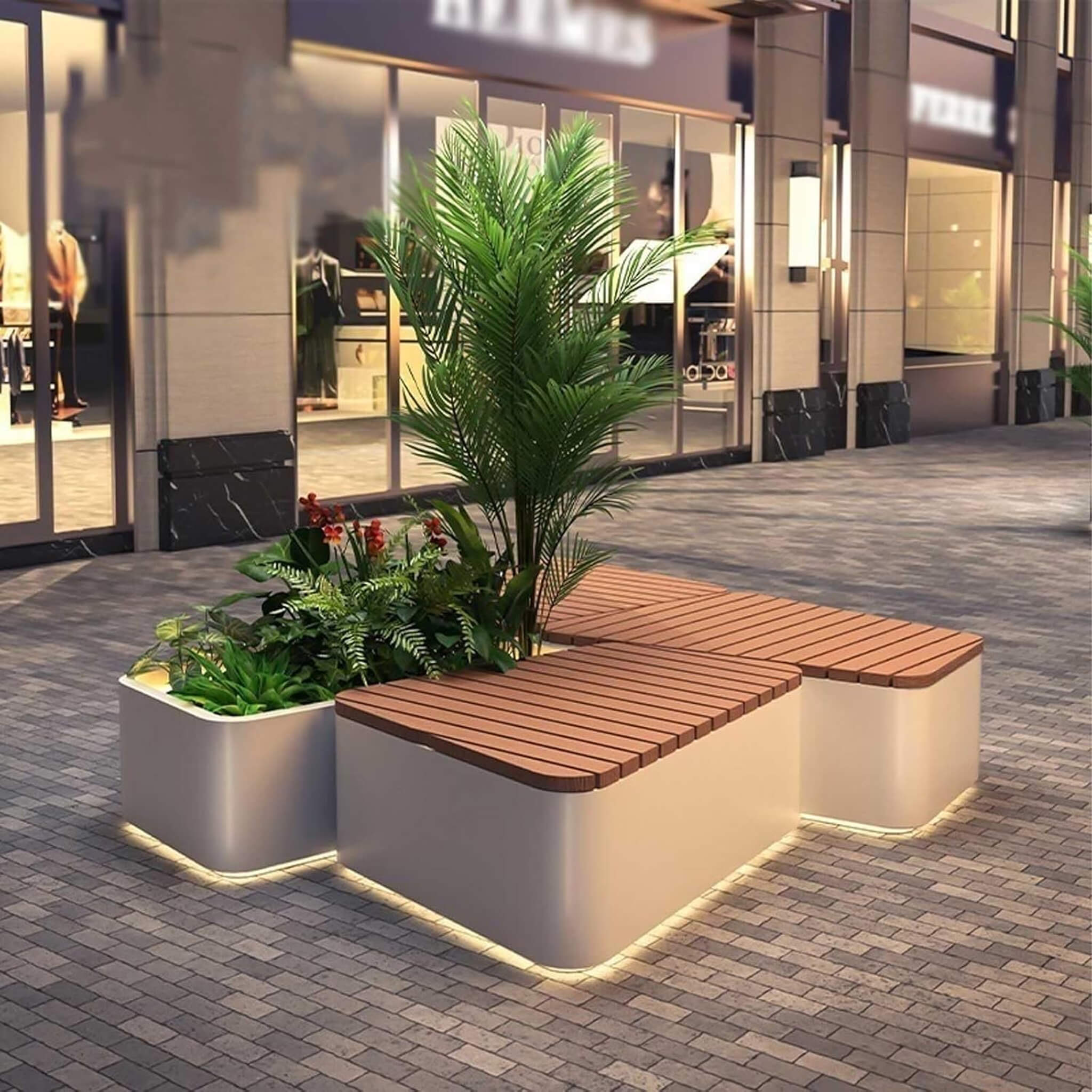 Heavy-Duty Commercial Outdoor Stainless Steel Bench With Wood Seat And Planter Box [Made To Order] (SAK41578)