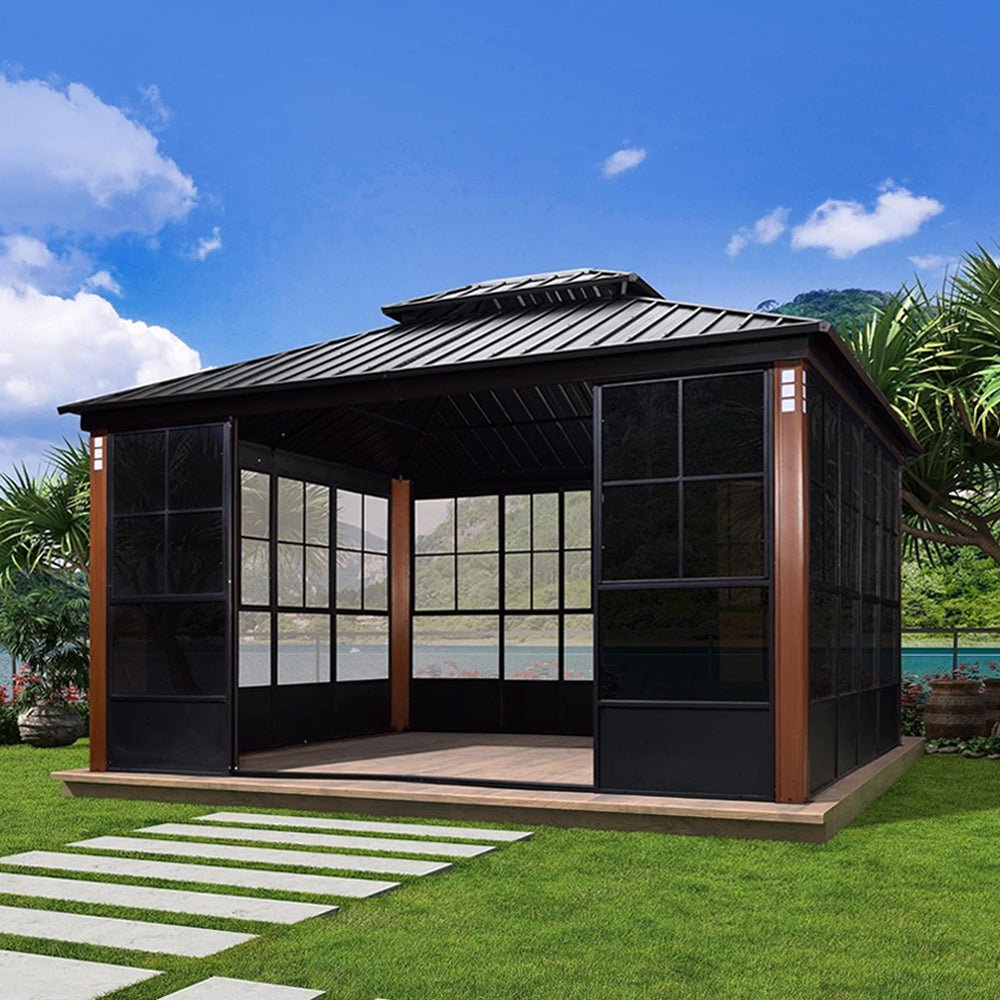 [12X14FT] Large Heavy-Duty Outdoor Aluminum Patio Hard Double Steel Top Backyard Sun Room Gazebo (94625371)