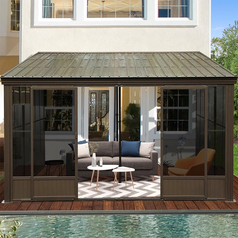 [12X14FT] Large Outdoor All-Season Wall Mounted Sunroom Solarium With Galvanized Steel Roof & Moveable PVC Screen (SAK46475)