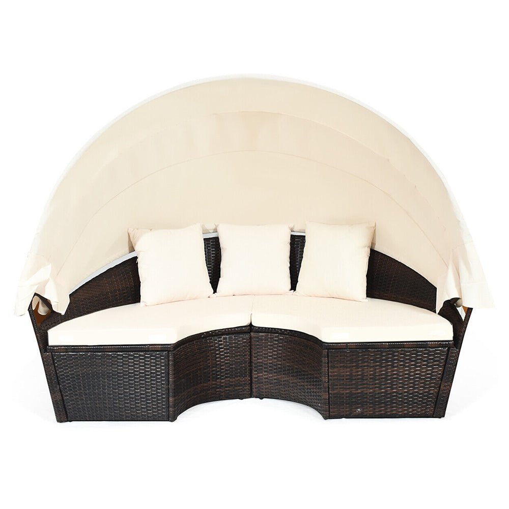 Alora Large Outdoor Patio Rattan Daybed Sofa W/ Adjustable Table Top, Canopy & 3 Pillows, 76" (SAK91254)