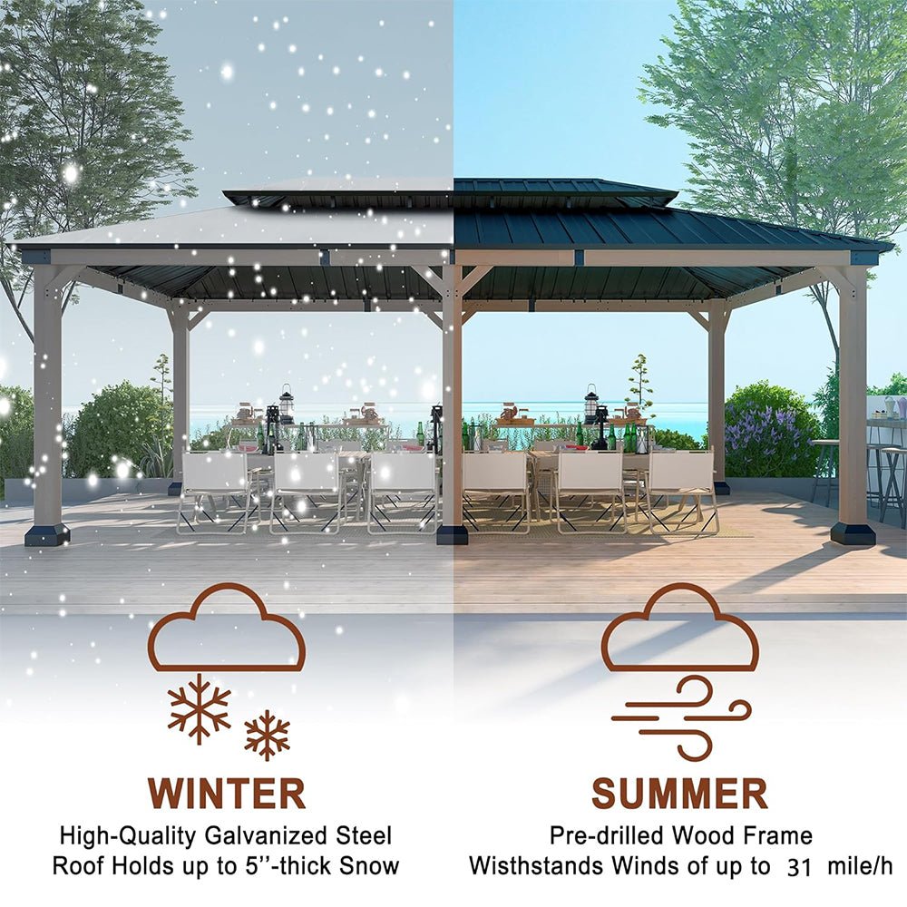 [12X20FT] Alora Heavy-Duty Backyard Cedar Wood Steel Hardtop Double Roof Gazebo Canopy (95726813)