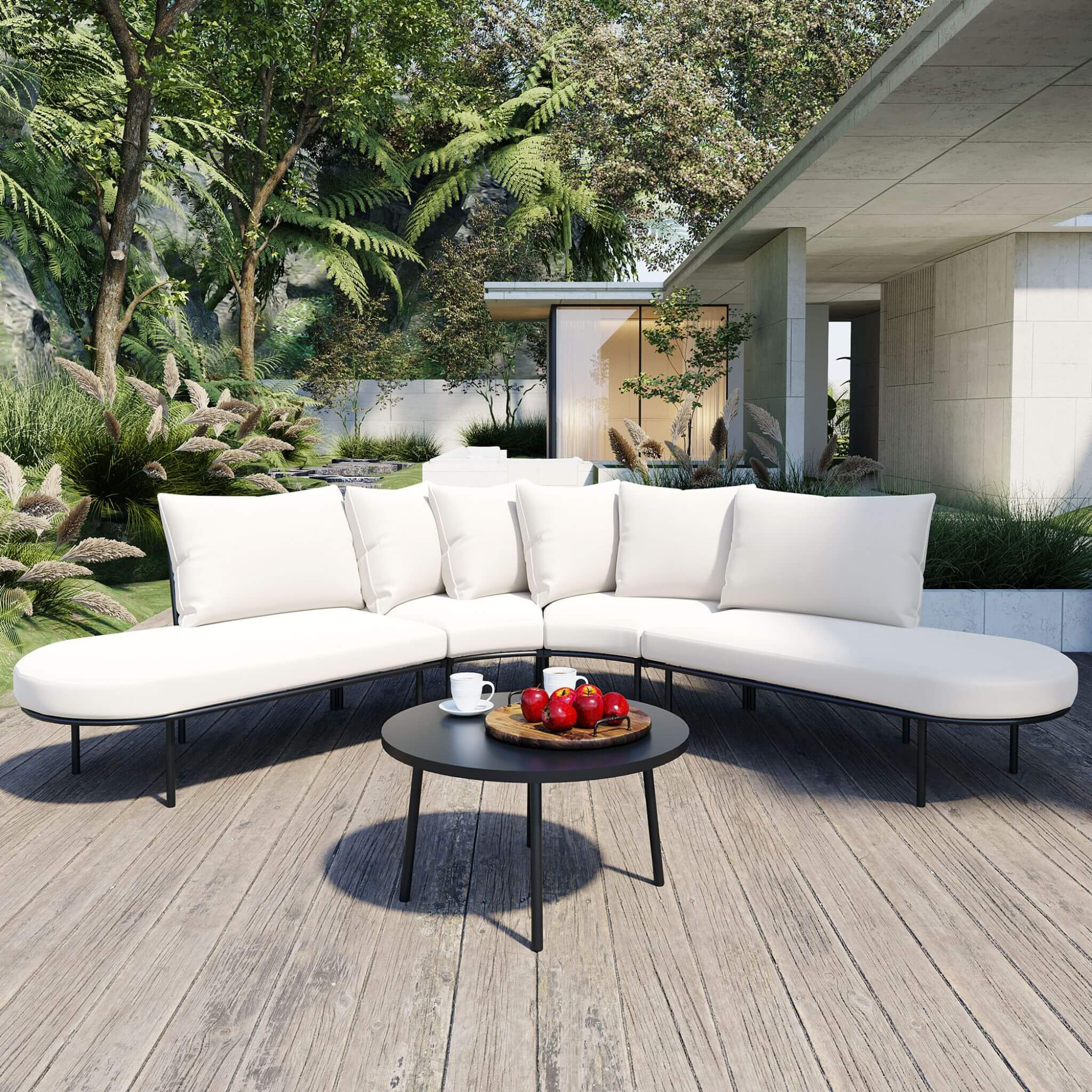 Alora Premium Half-Moon 6-Person Curved All-Weather Outdoor Furniture Sofa Patio Set With Coffee Table And Cushions (SAK76332)
