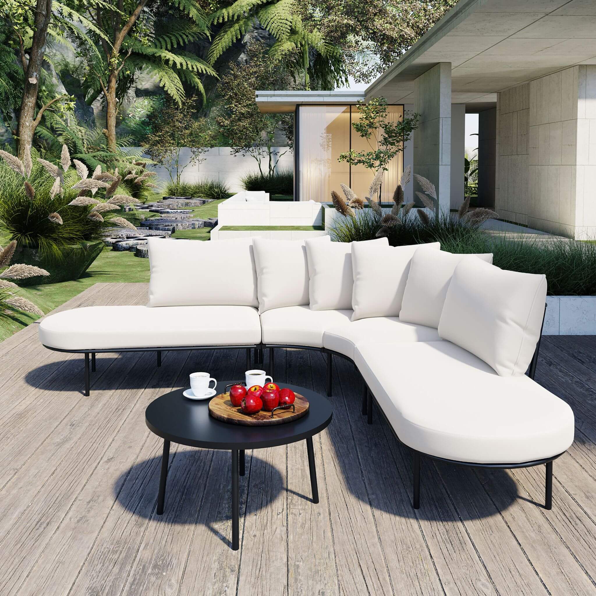 Alora Premium Half-Moon 6-Person Curved All-Weather Outdoor Furniture Sofa Patio Set With Coffee Table And Cushions (SAK76332)