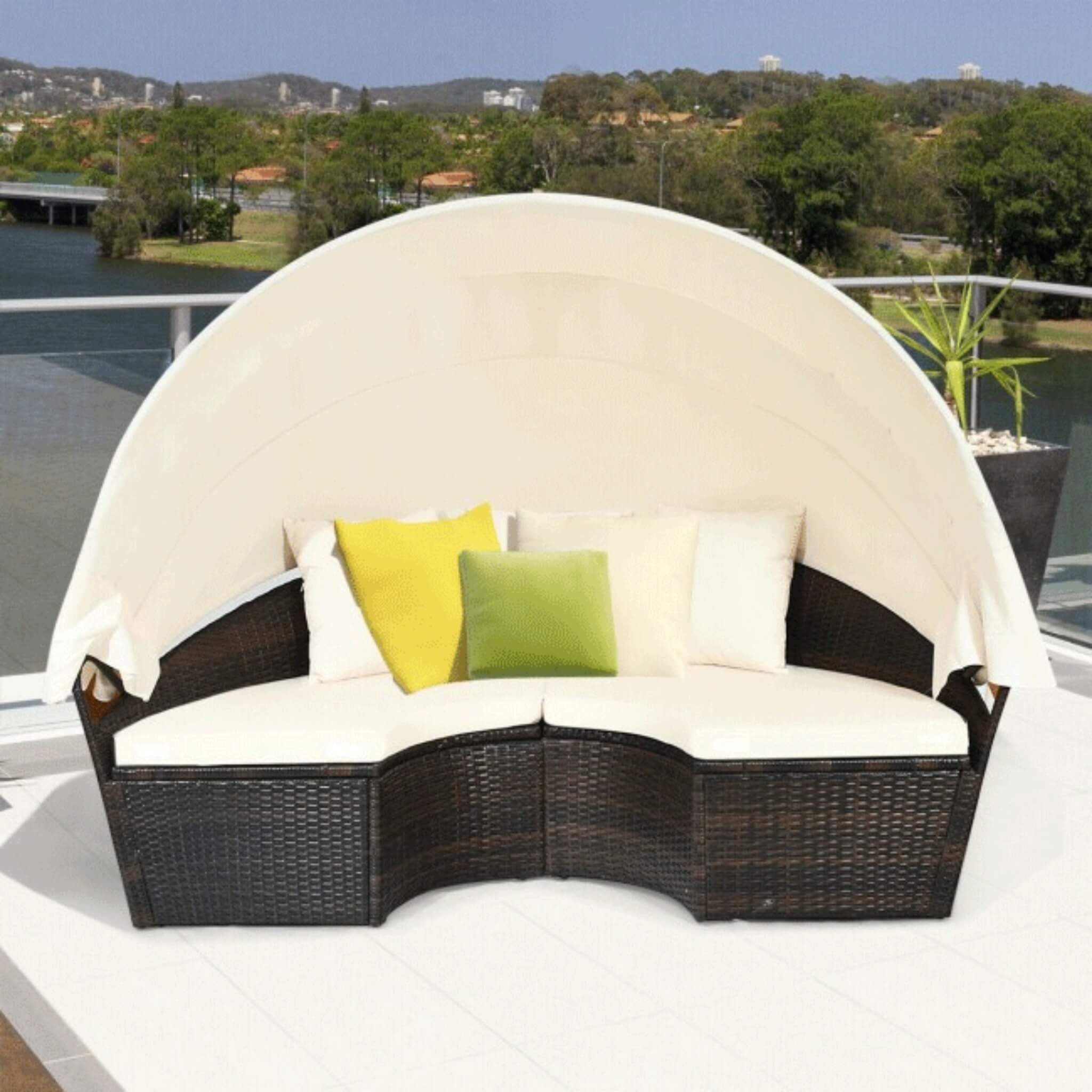 Premium Round Outdoor Patio Rattan Daybed W/ Canopy & Table, 76" (SAK96418)