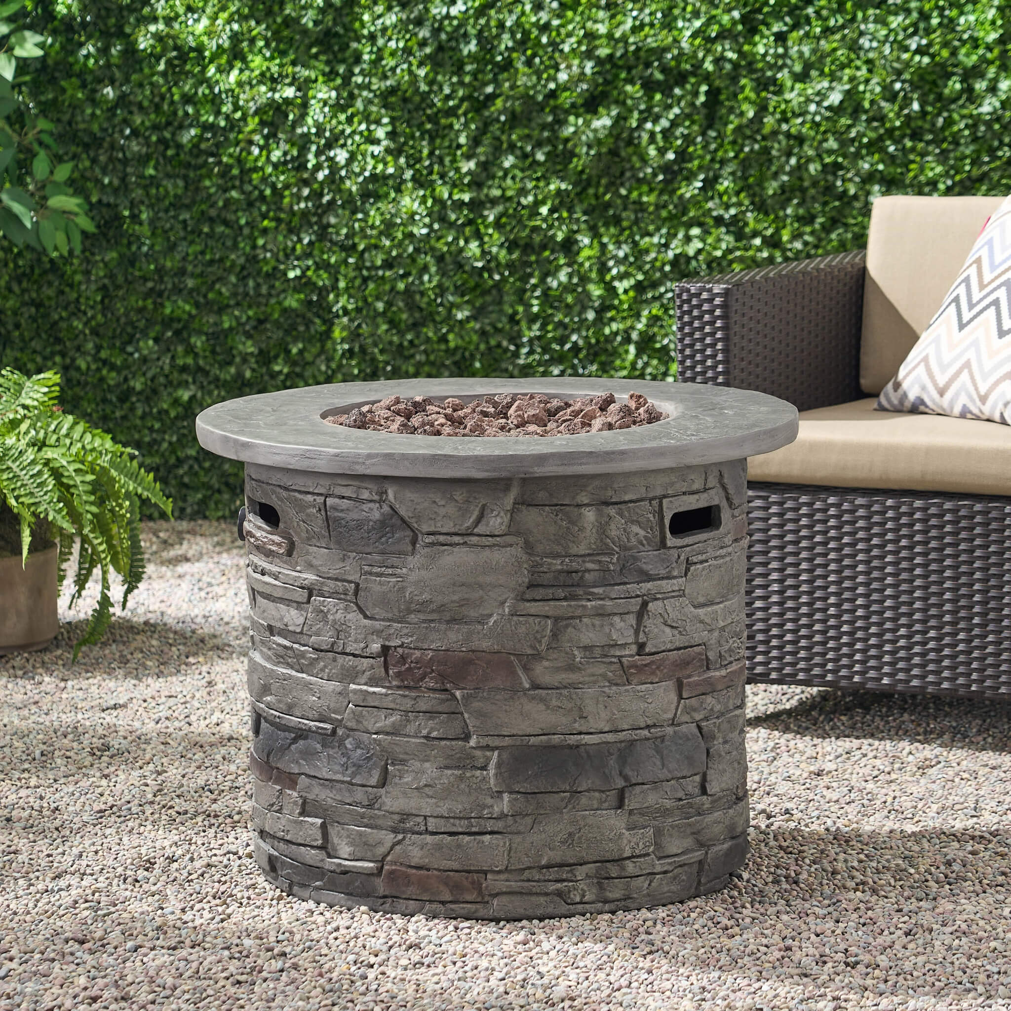 Alora 32-Inch Transitional Outdoor Concrete Round Propane Fire Pit Table, Gray (SAK48268)