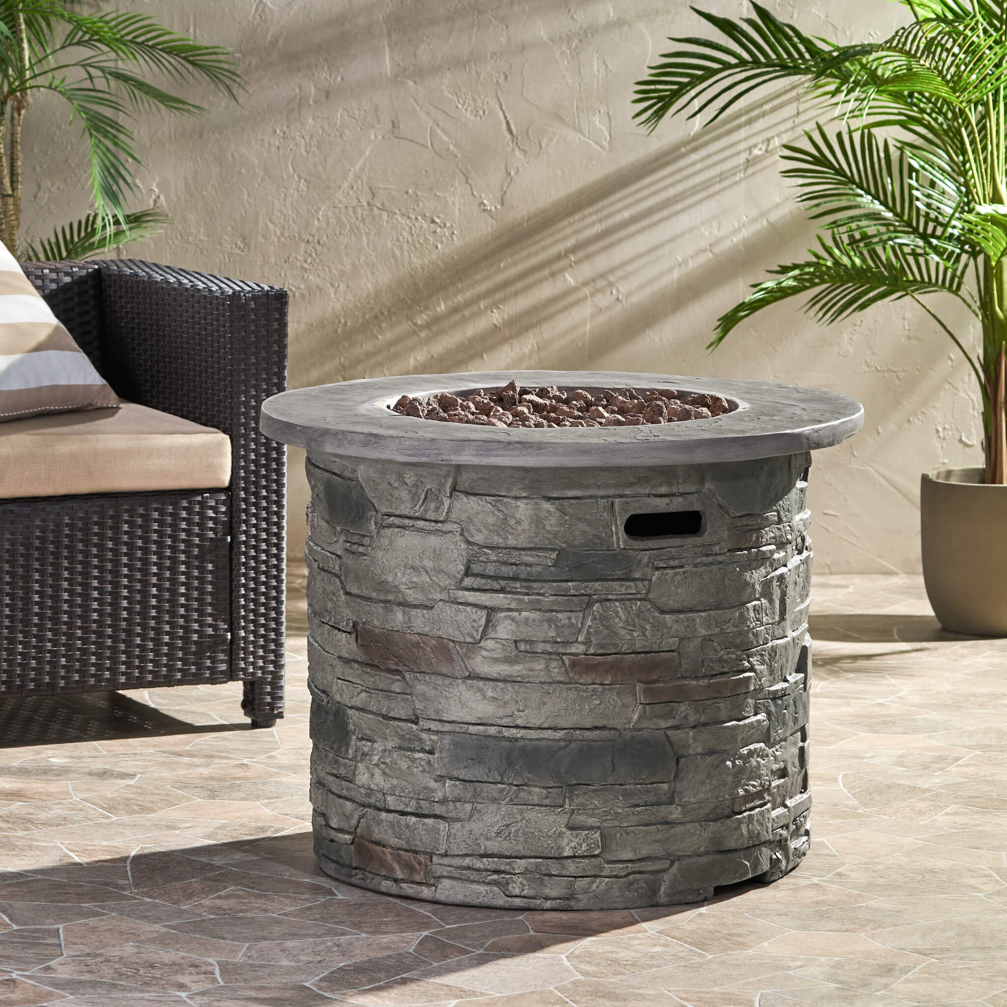 Alora 32-Inch Transitional Outdoor Concrete Round Propane Fire Pit Table, Gray (SAK48268)